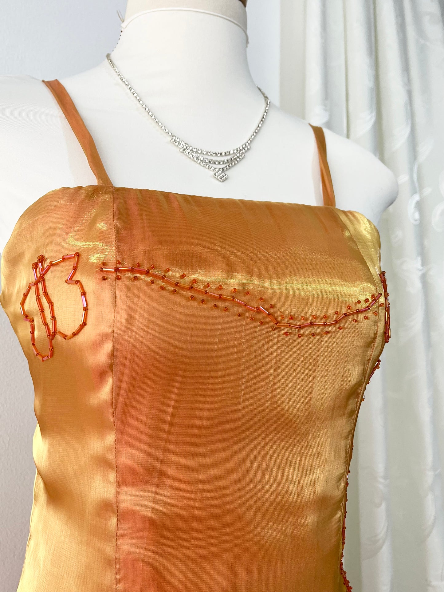 Gradient amber gown with asymmetrical overskirt and beaded embroidery-size S