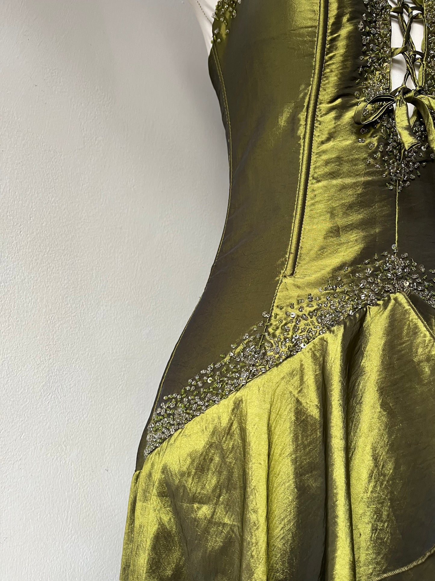 Iridescent taffeta green corset dress with exquisite hand embroidery of sequins and rhinestones- size S