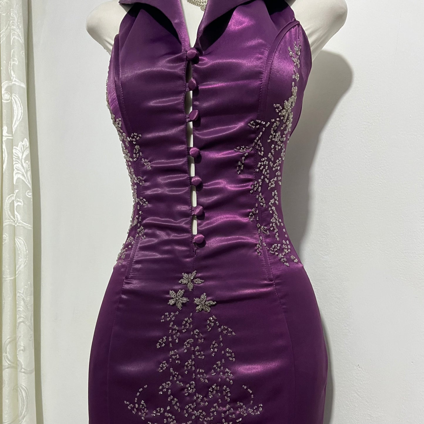 Corset evening dress in a vibrant purple color with exquisite handmade floral embroidery- size S
