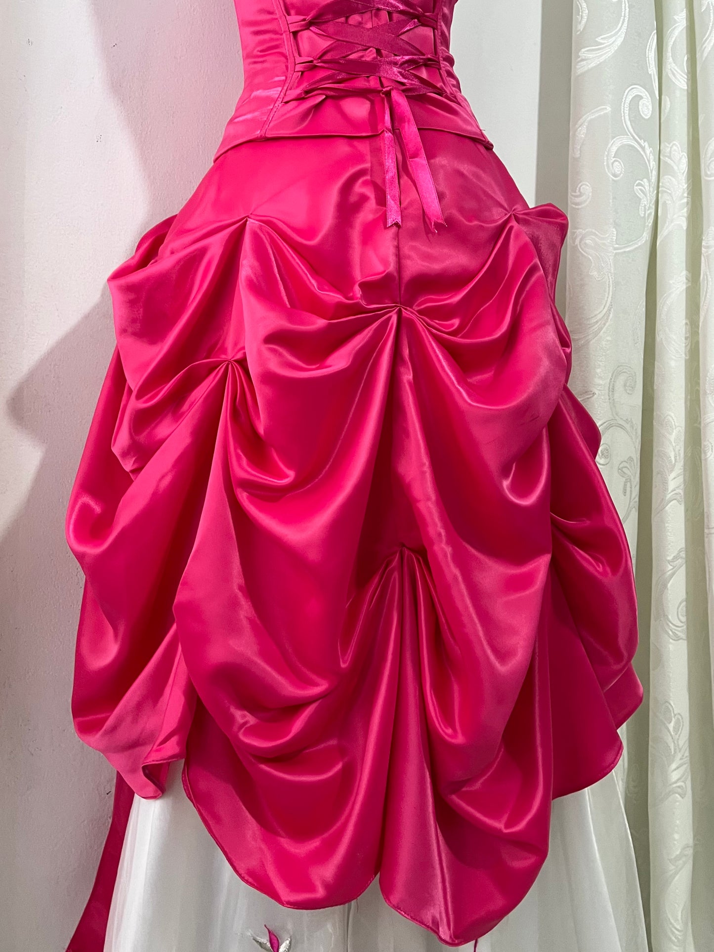 Fuchsia corset princess dress with floral embroidery, satin silk skirt with pearly chiffon lining- size XS