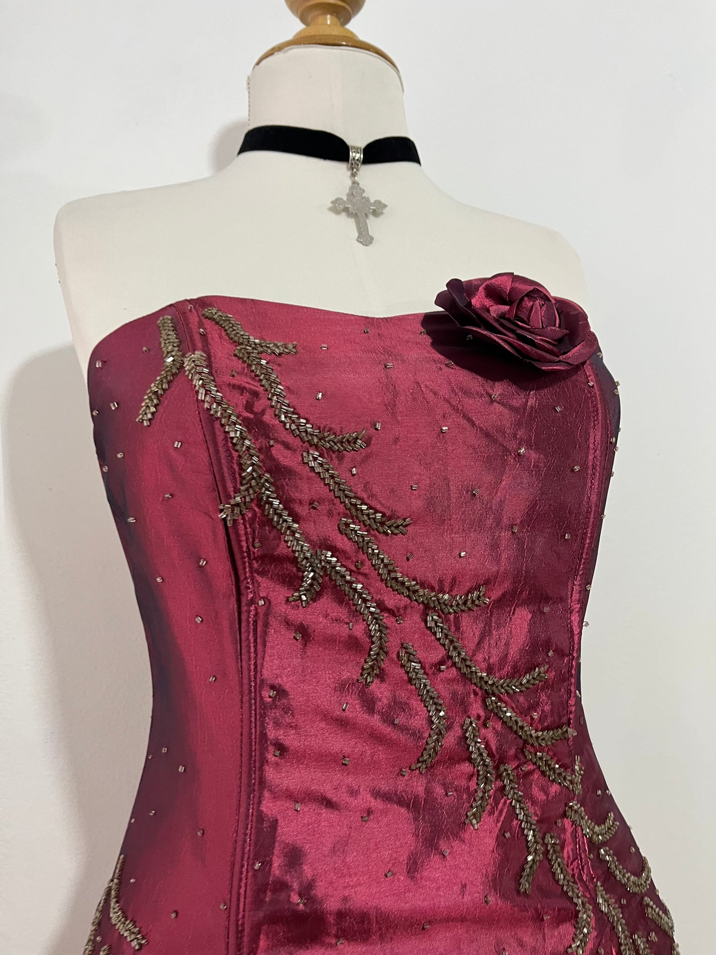 Iridescent burgundy corset dress with exquisite hand embroidery of sequins and rhinestones- size M