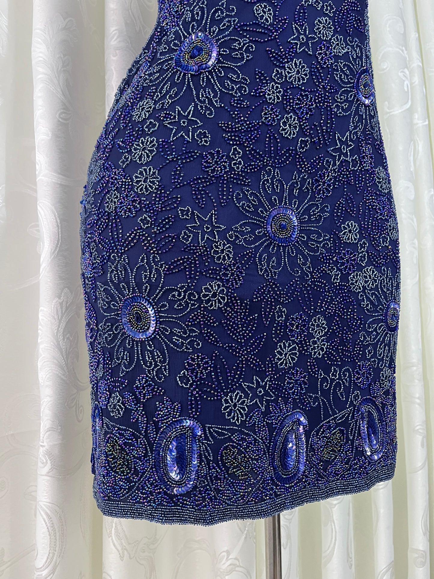 Navy silk mini dress with exquisite handmade raised floral embroidery-size S