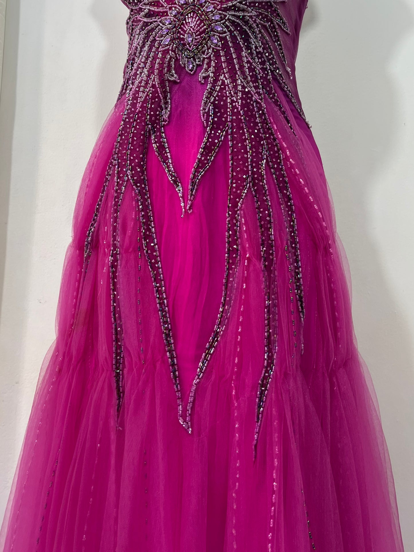 Captivating halter evening dress with fuchsia to dark violet gradient and rhinestone embroidery- size S