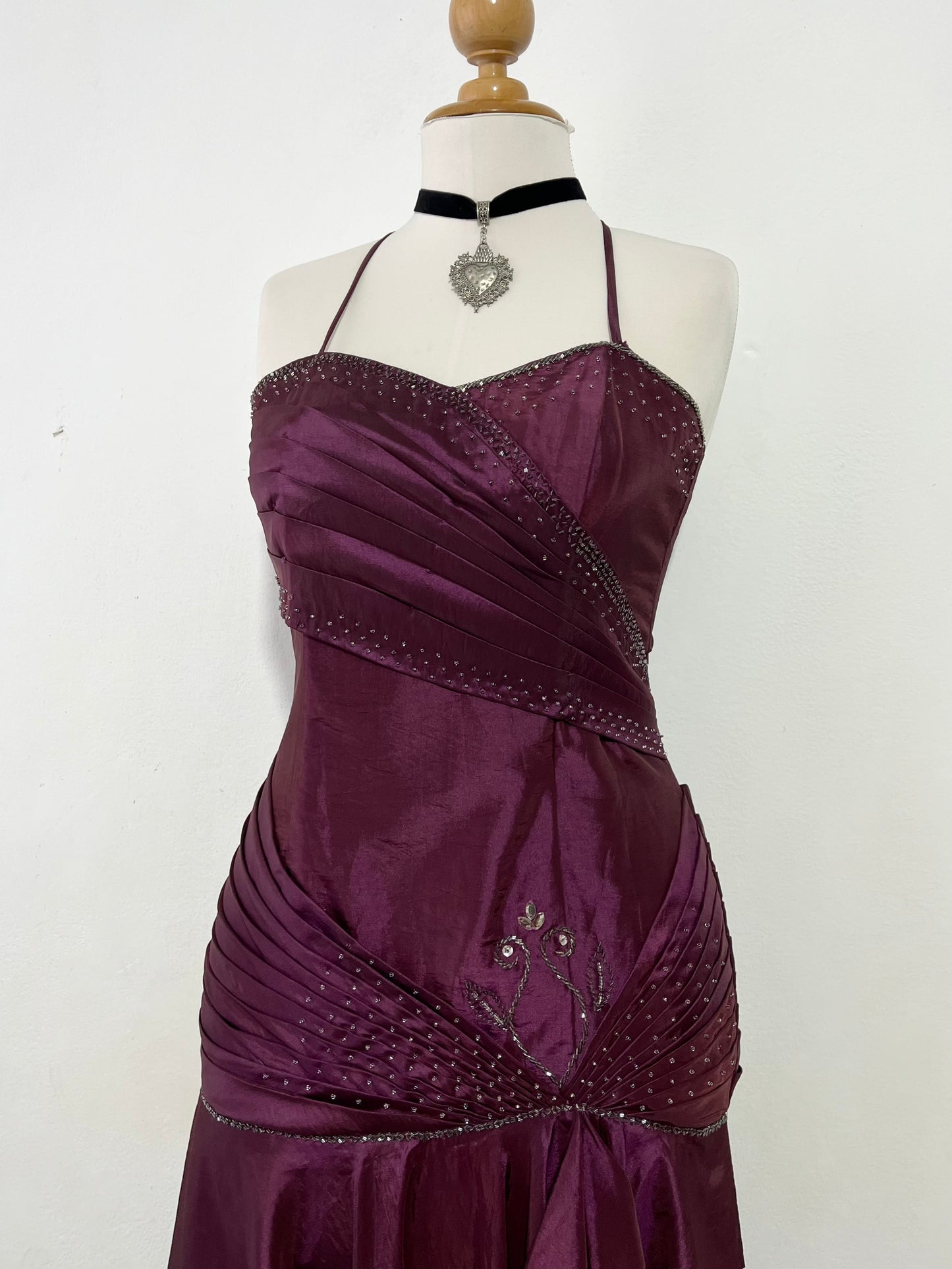 Iridescent wine purple taffeta corset dress with rhinestones and embroidered sequins- size M/L