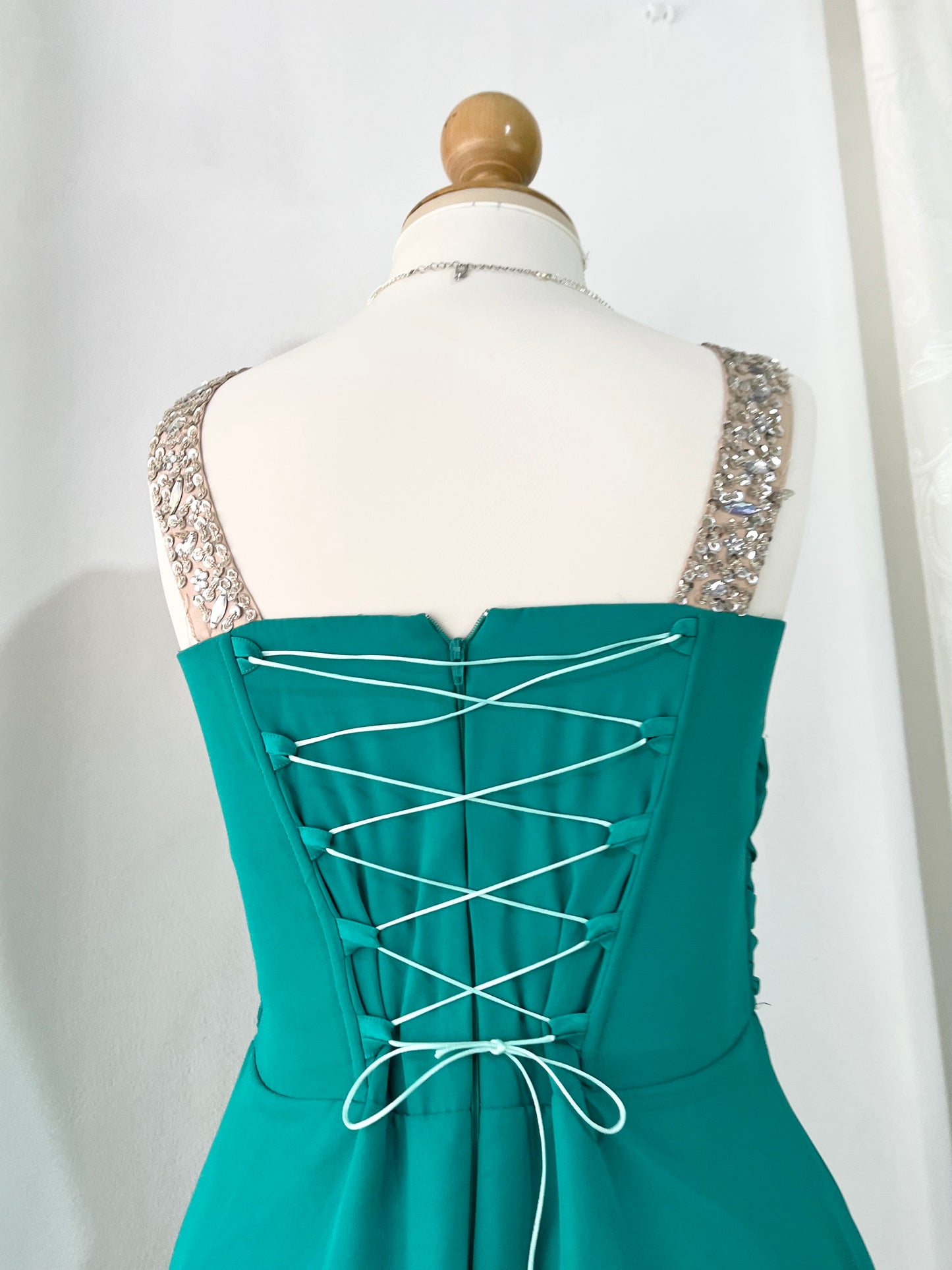 Emerald green gown corset gown with lace bodice and rhinestone details- size M