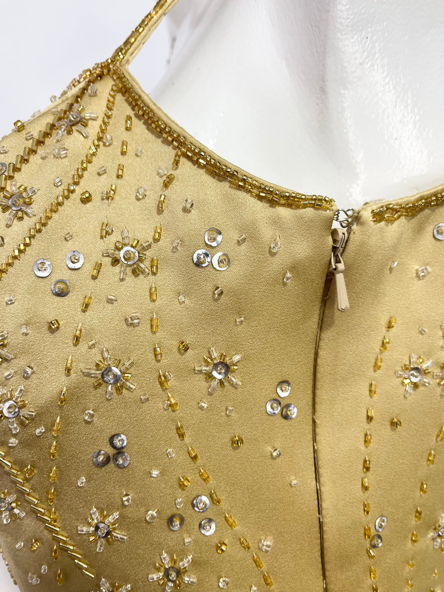 Champagne evening dress with exquisite handmade floral embroidery- size S