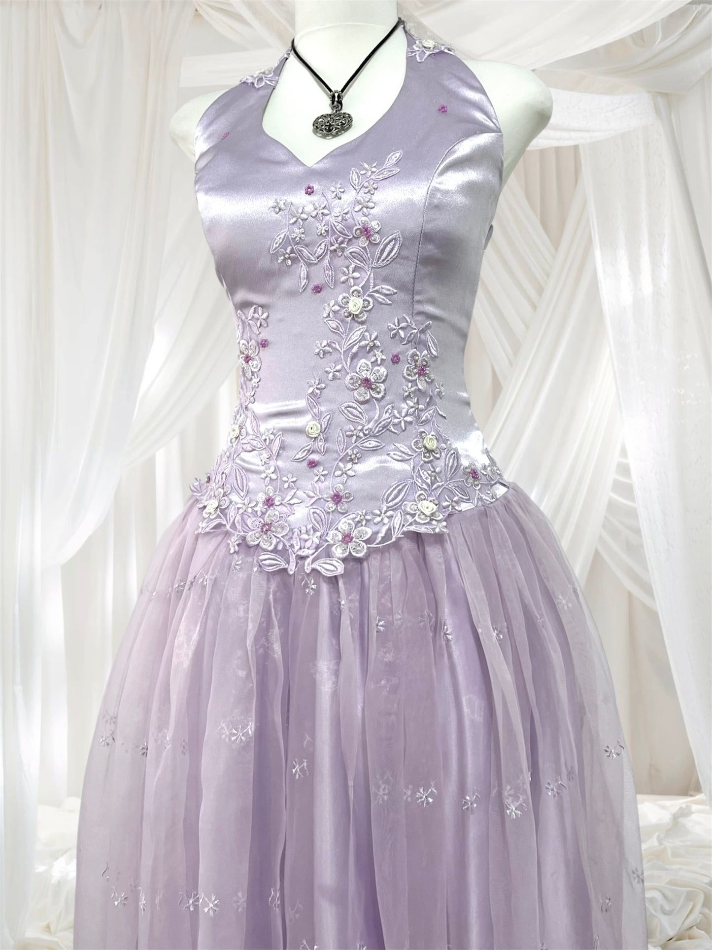 Lavender corset dress with floral embroidery