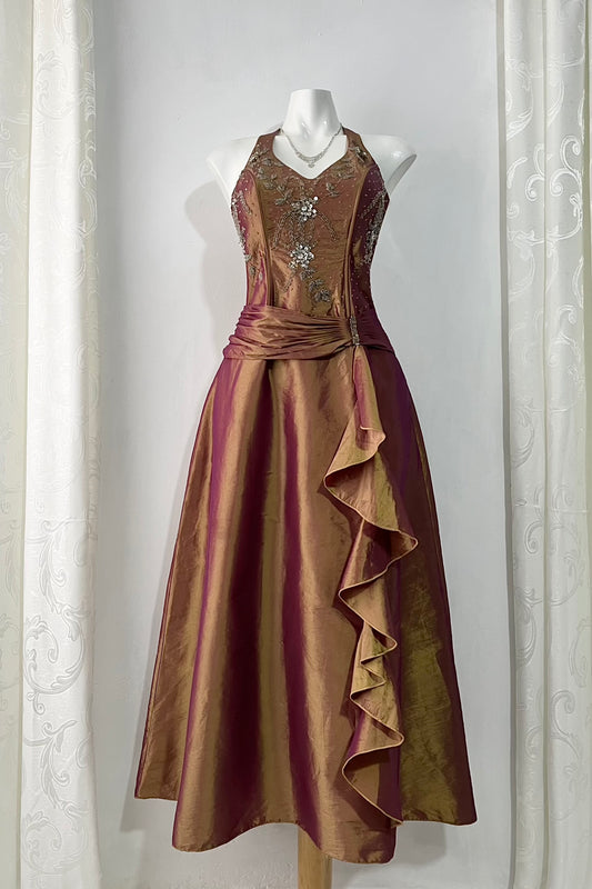Iridescent bronze corset gown with sequins and hand embroidered embellishments- size S