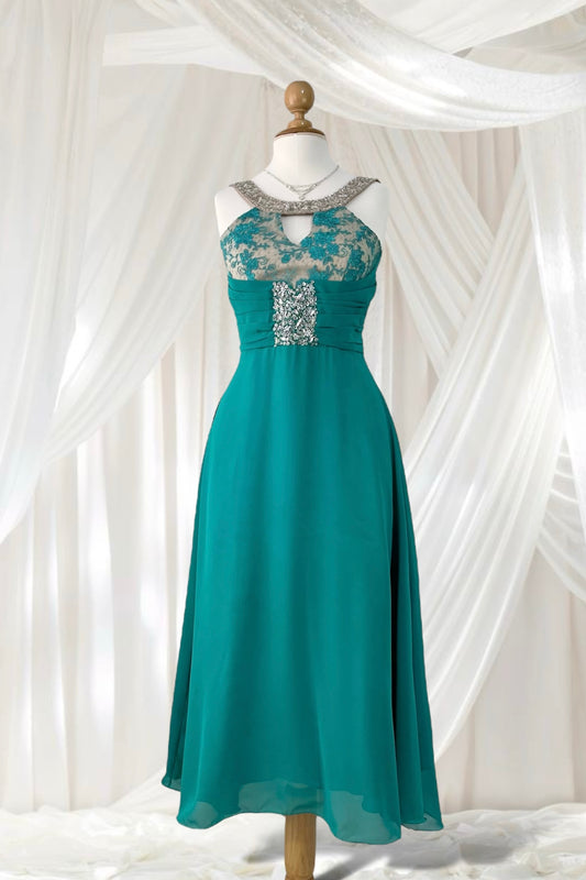 Emerald green gown corset gown with lace bodice and rhinestone details- size M