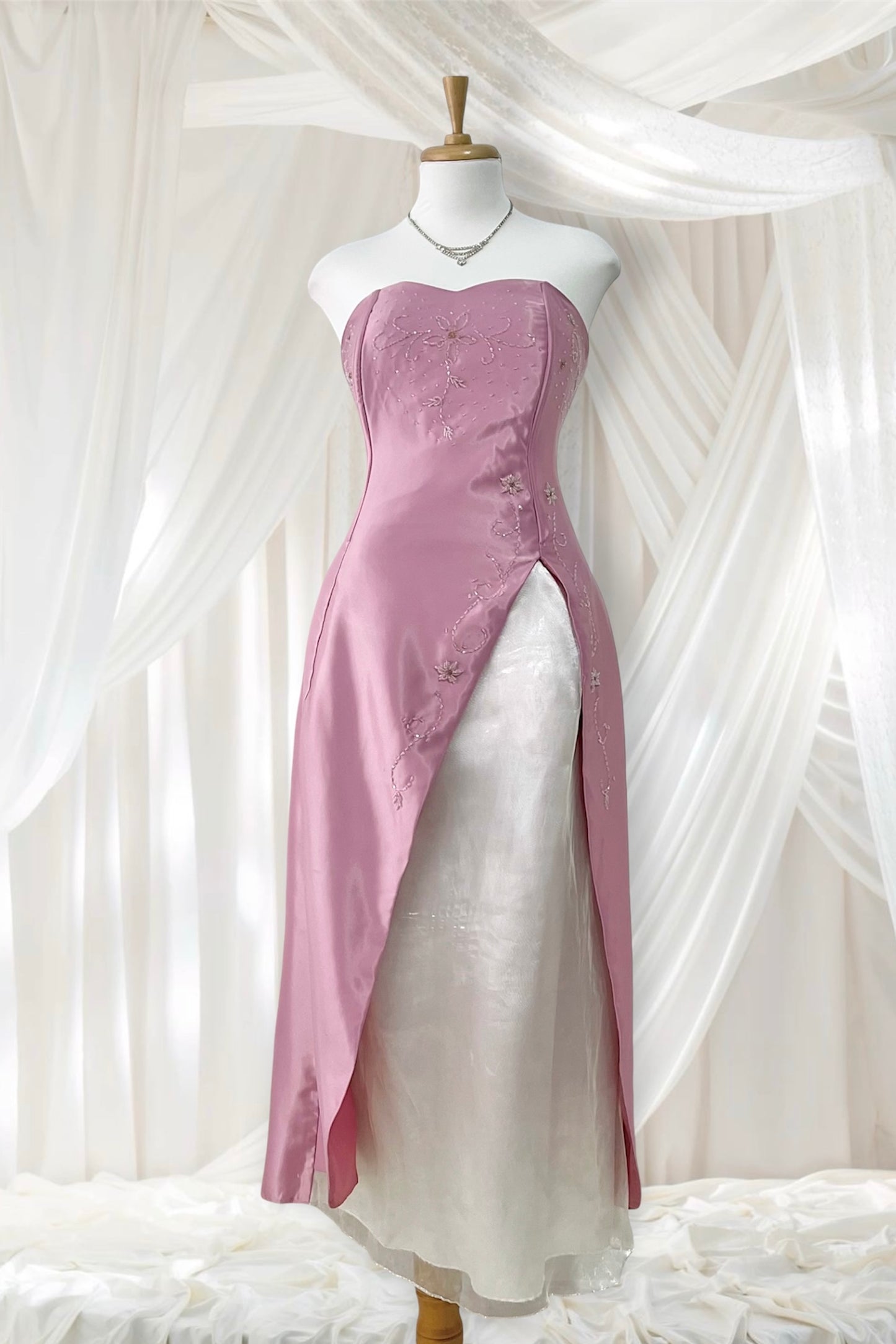 Mauve pink corset gown with sequin designs and hand-embroidered embellishments-size M