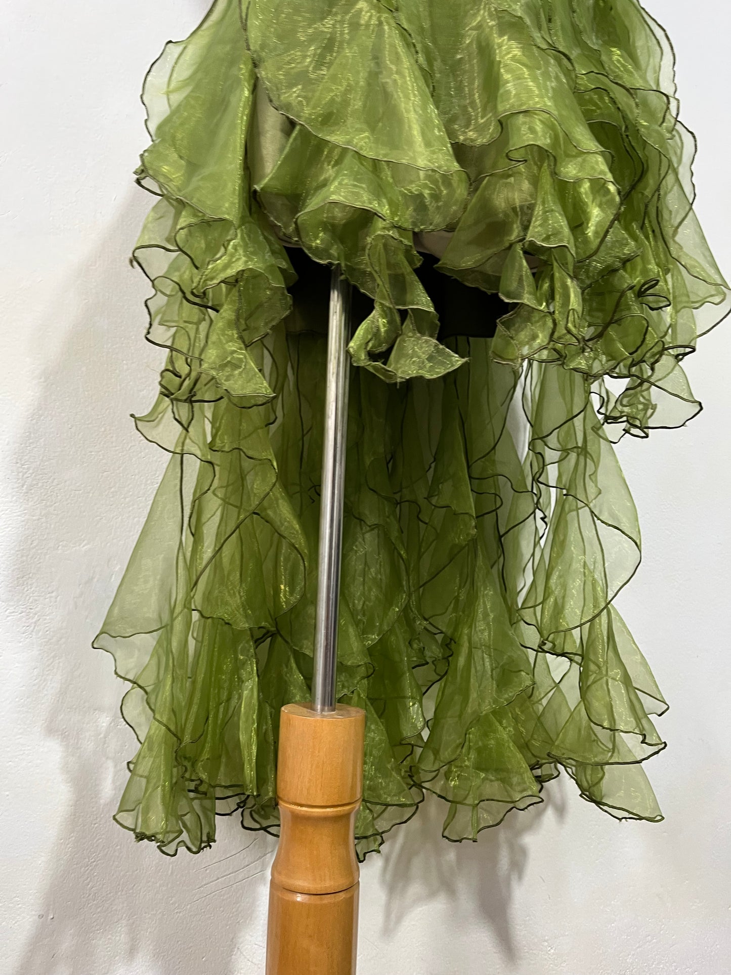 Olive green high-low corset dress with hand-embroidered rhinestones and ruffles- size S