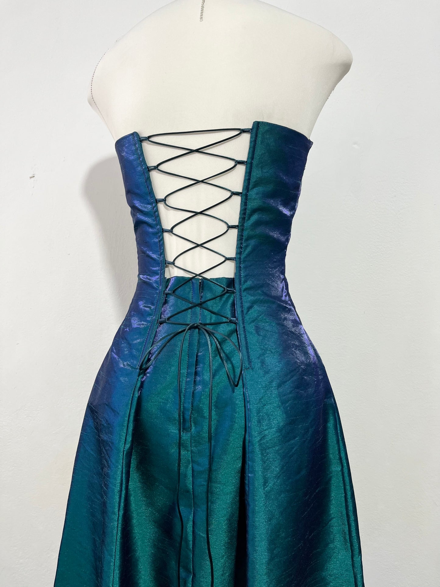 Teal corset dress in iridescent taffeta with floral appliqués and embroidery- size S
