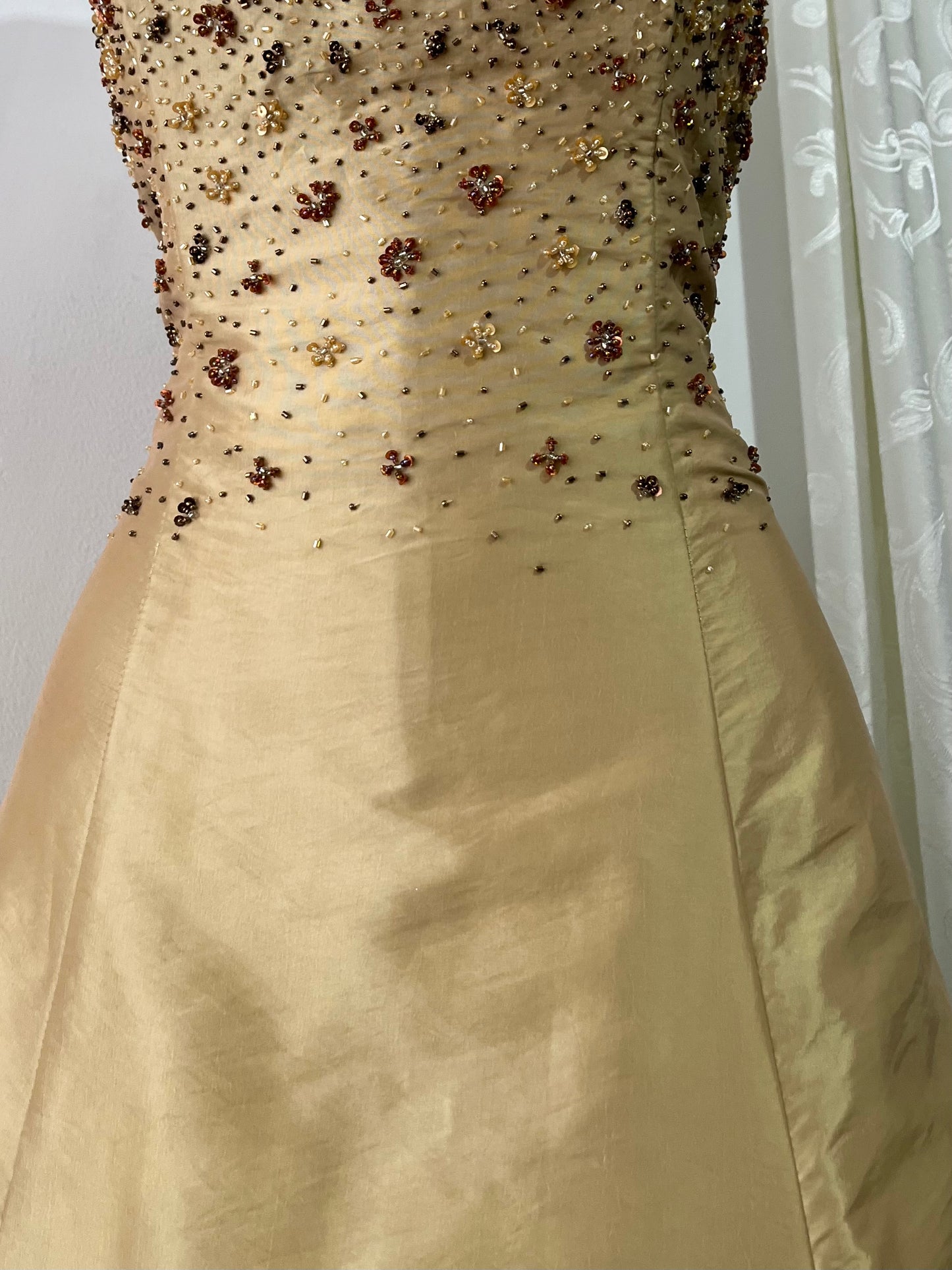 Champagne corset dress with fine sequins and hand embroidered embellishments-size M/L