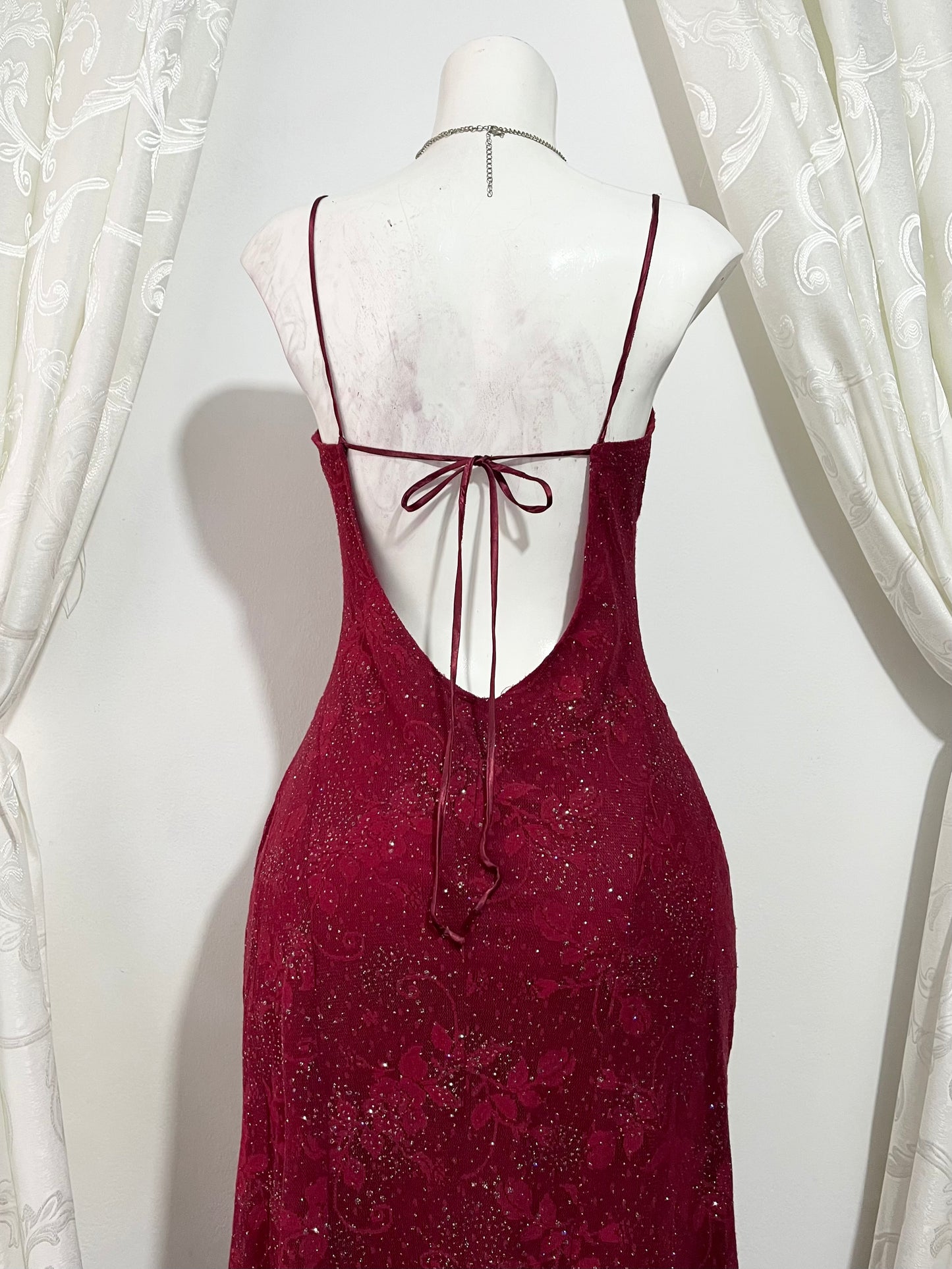 Red lace high-low dress with silver sparkles- size M/L