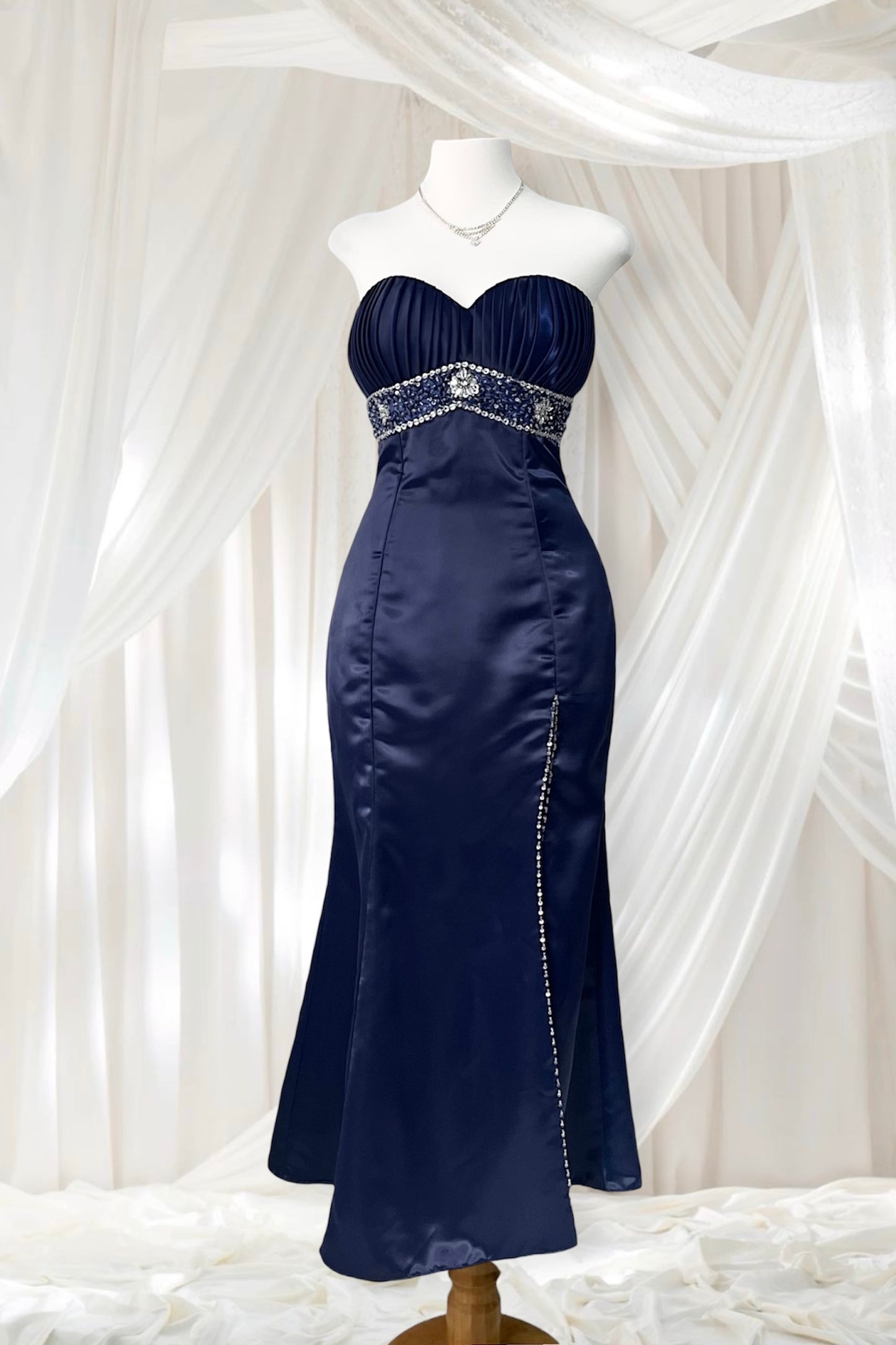 Dark blue mermaid corset dress with rhinestones and embellishments-size S