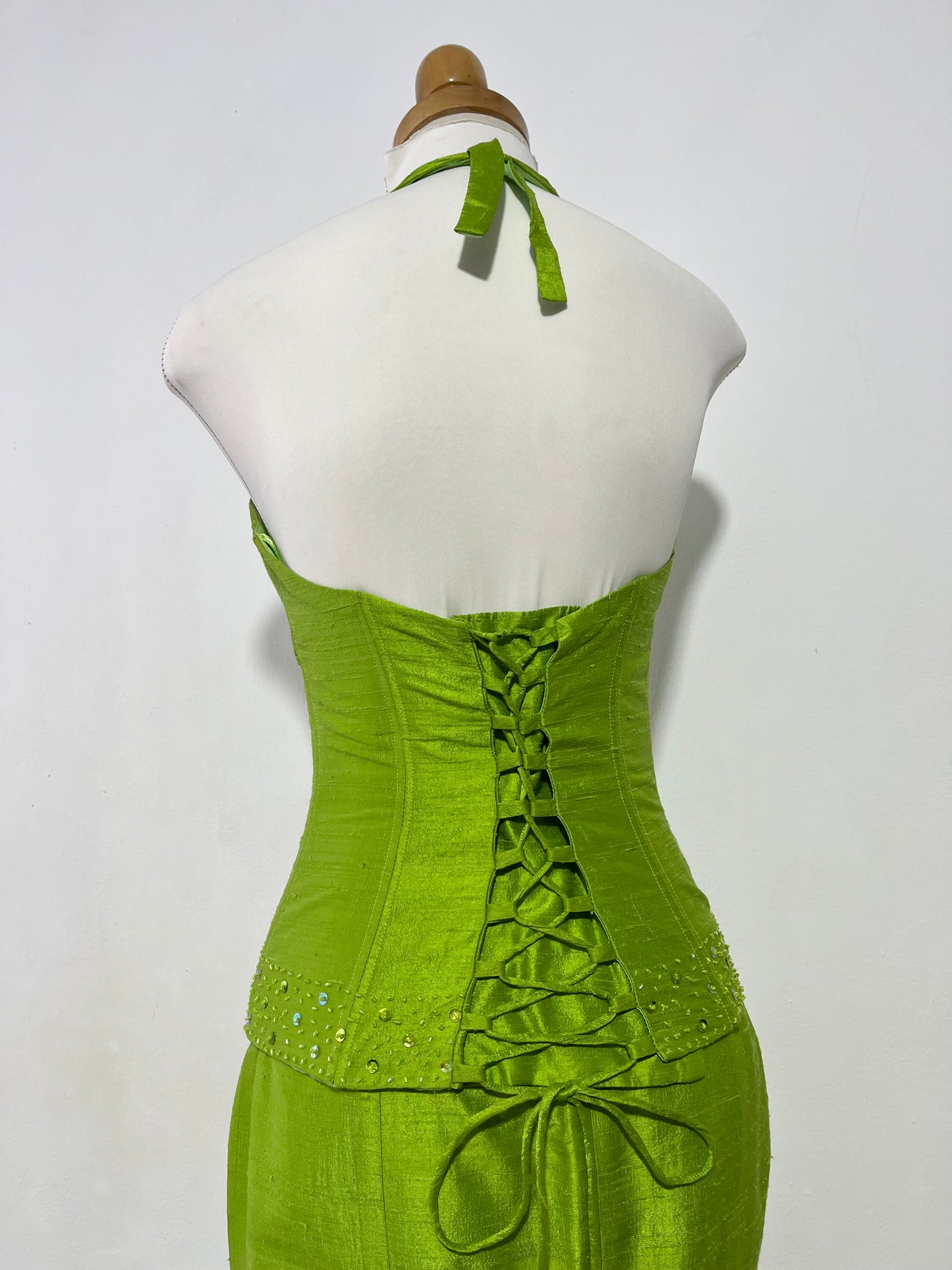 Silk shantung set, corset with bead embroidery and maxi skirt