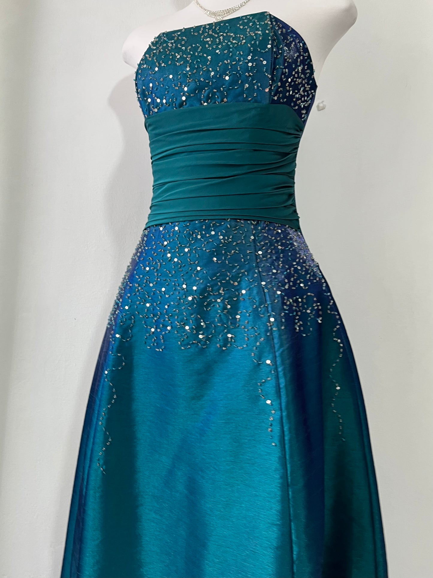 Iridescent teal corset dress with exquisite embellishments and hand-embroidered beads+ matching shawl