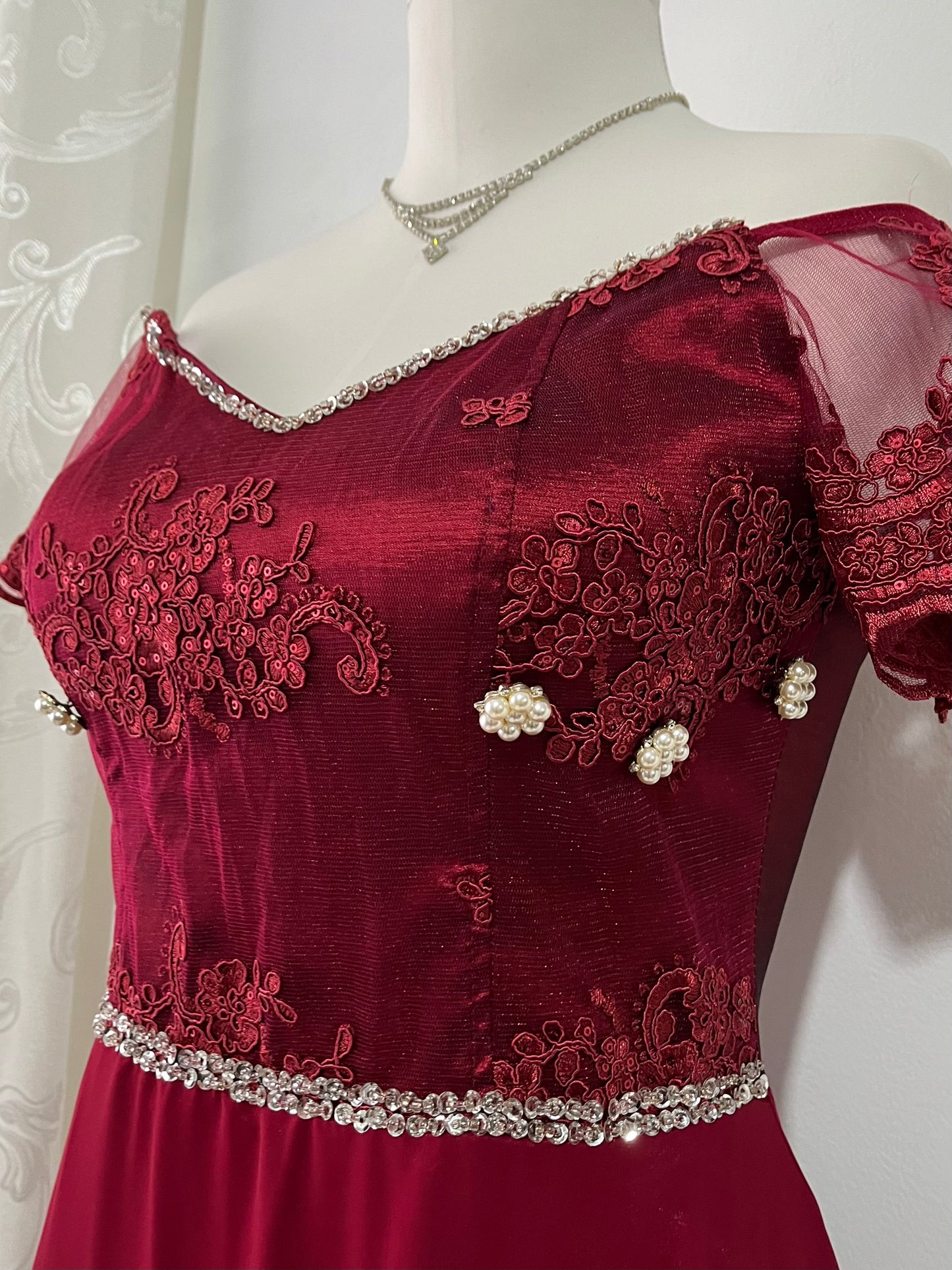 Burgundy corset gown dress with embellishment and pearls- Size M/L