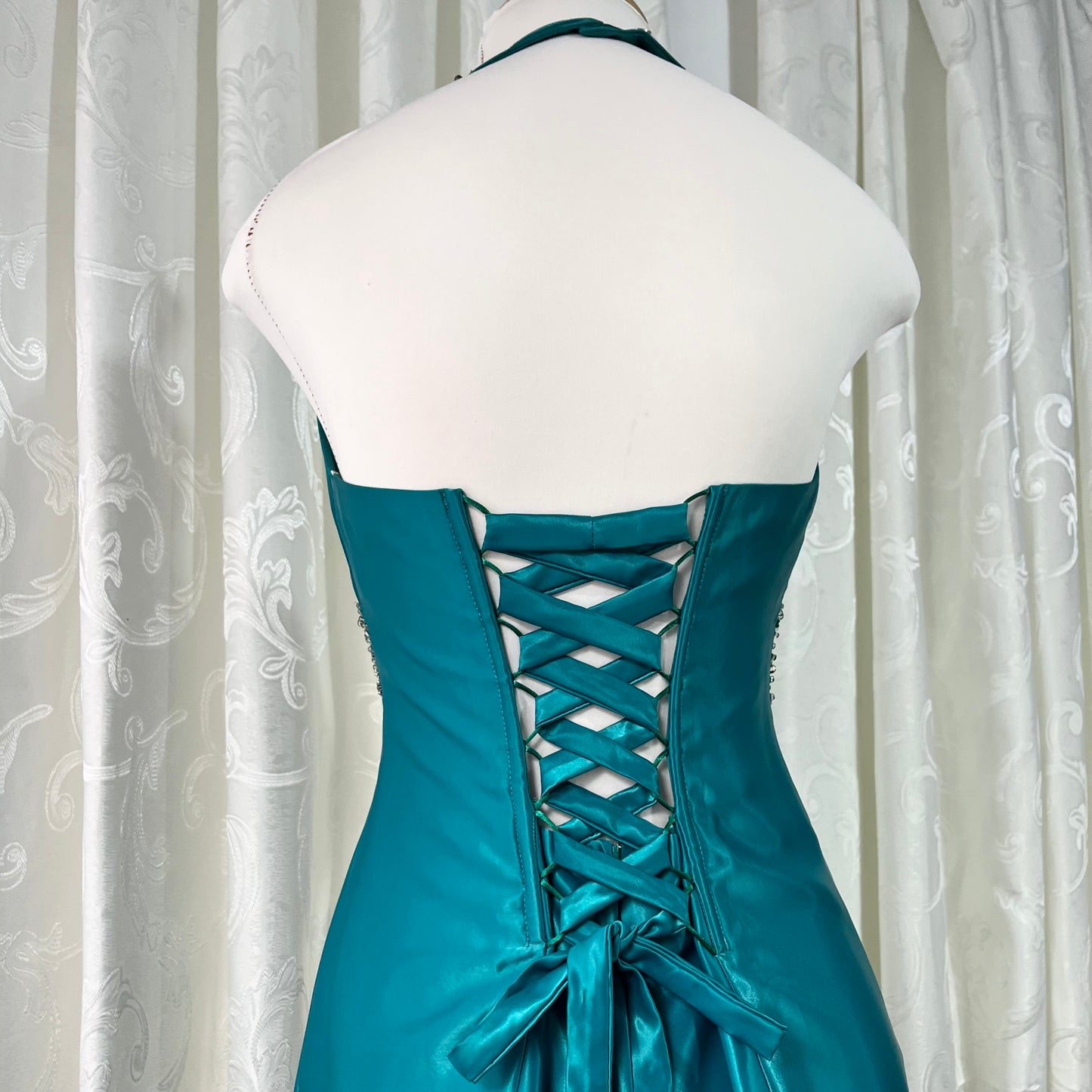 Teal satin beaded corset mini dress
