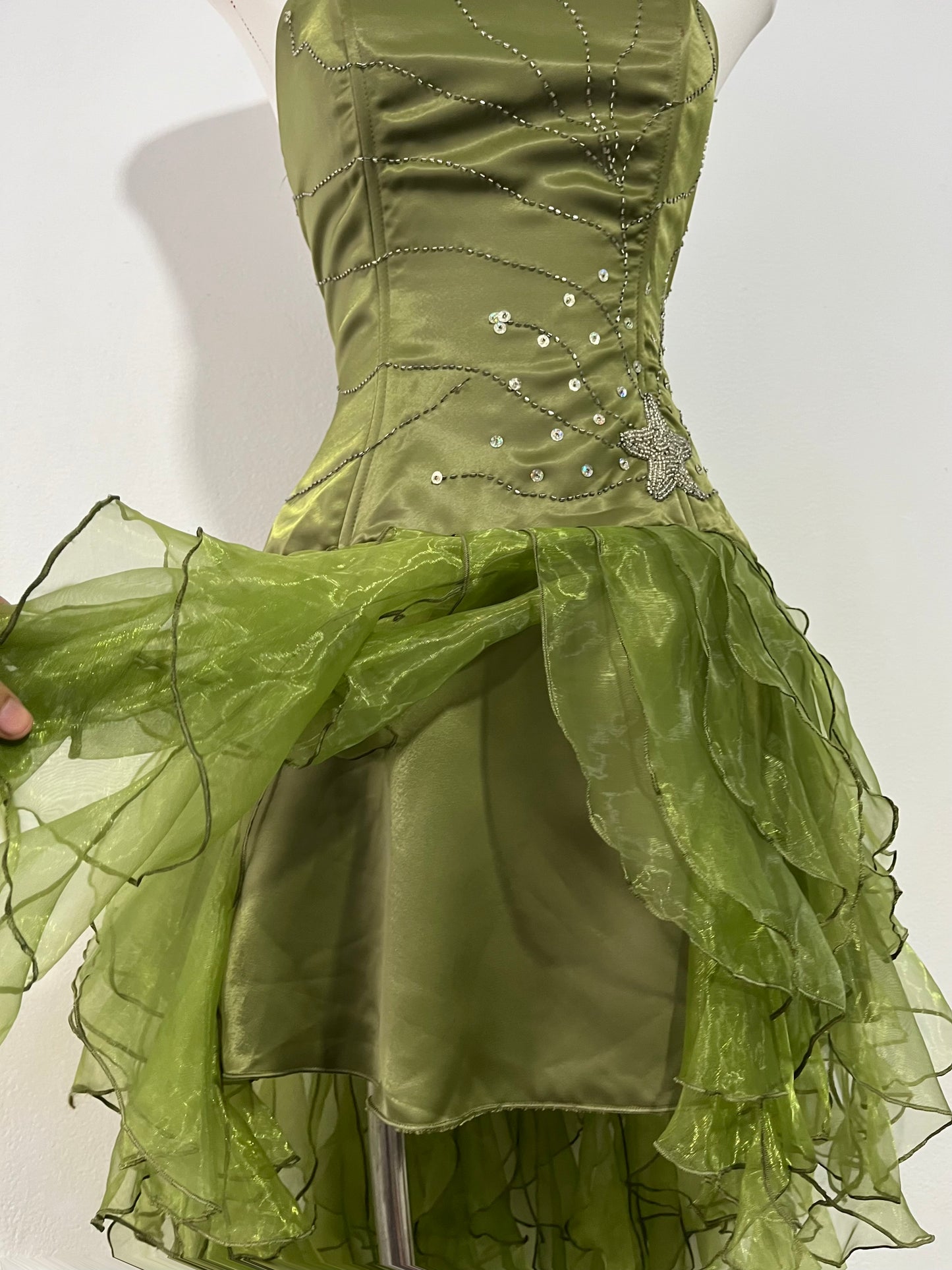 Olive green high-low corset dress with hand-embroidered rhinestones and ruffles- size S