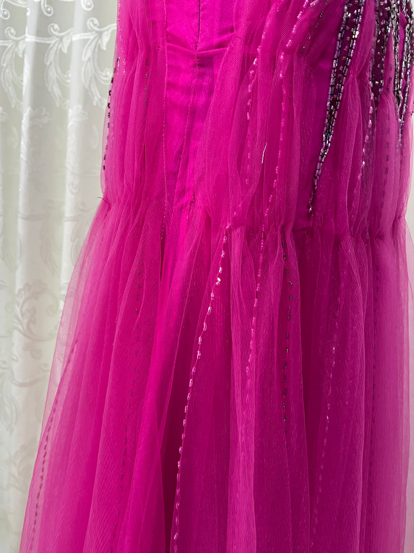 Magenta silk and chiffon dress with rhinestones and fine embroidered sequins
