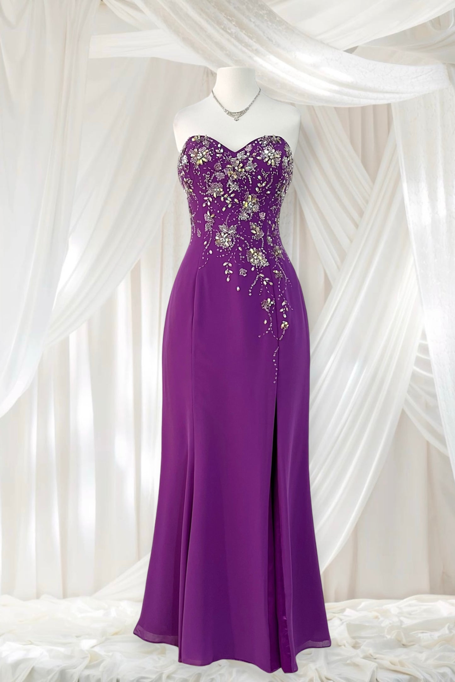 Amethyst purple dress with exquisite floral embroidery, rhinestones and embellishments-size S/M