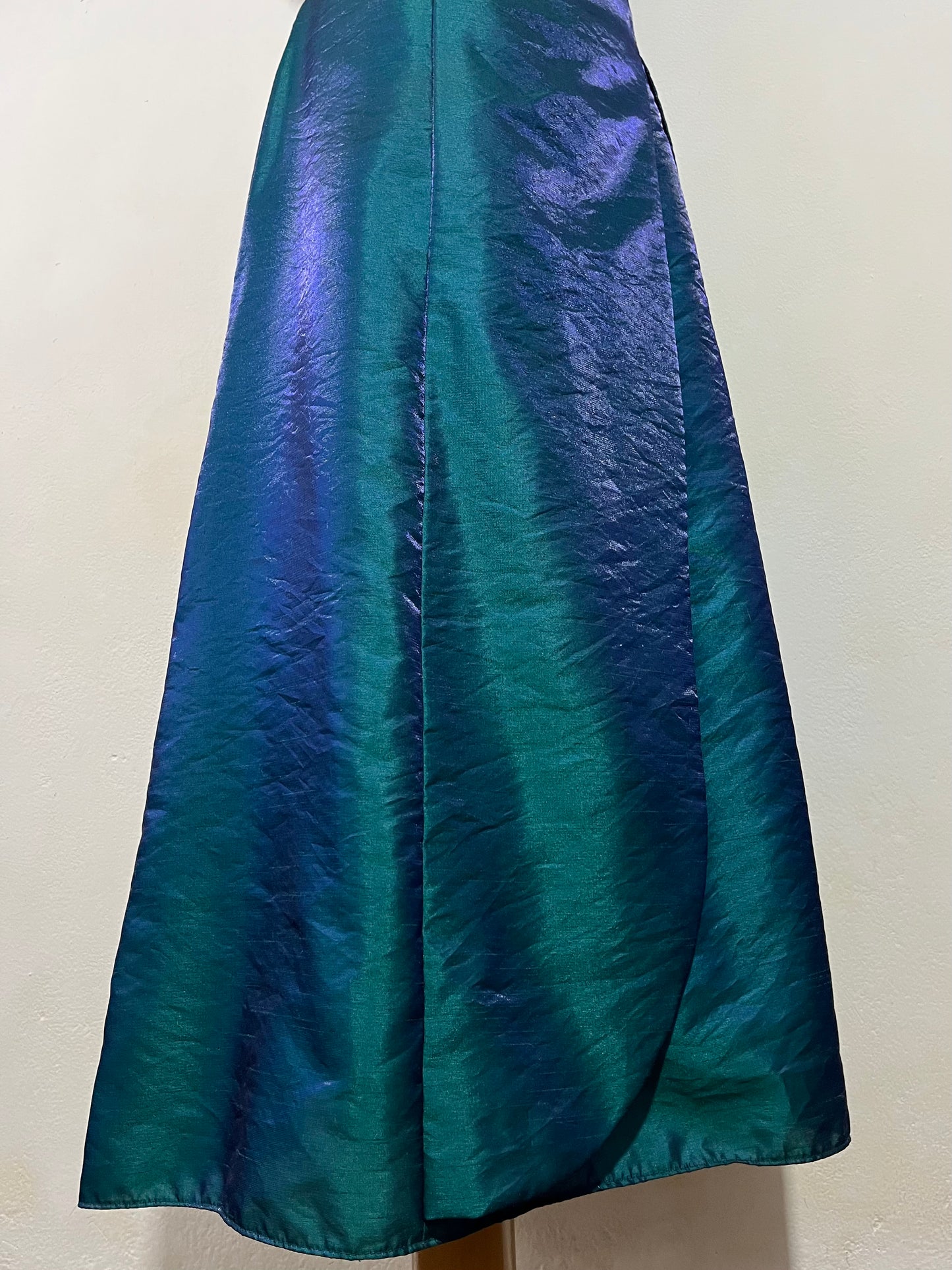 Teal corset dress in iridescent taffeta with floral appliqués and embroidery- size S