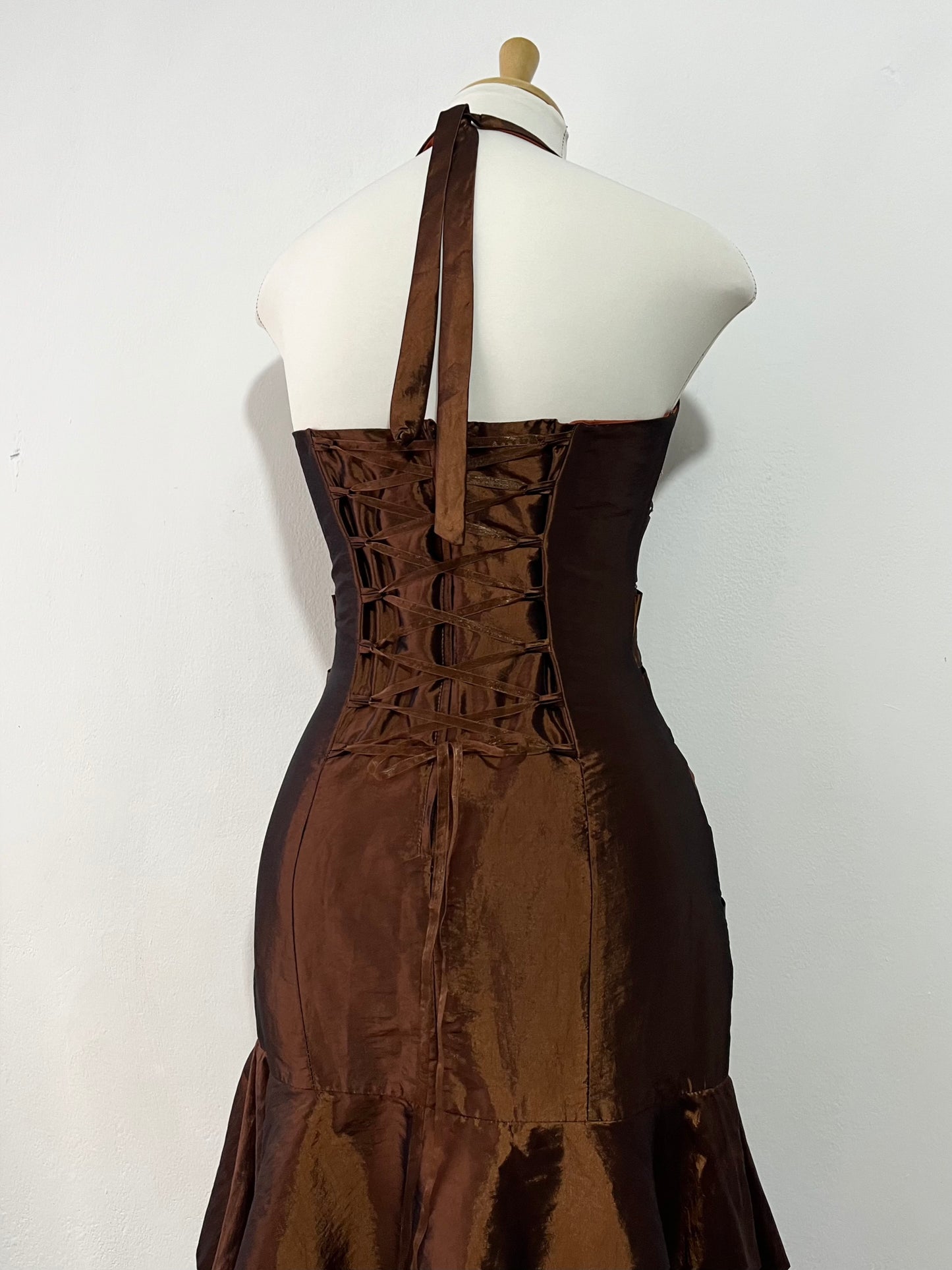 Shimmery brown corset dress with exquisite rhinestone embroidery and embellishments-size S