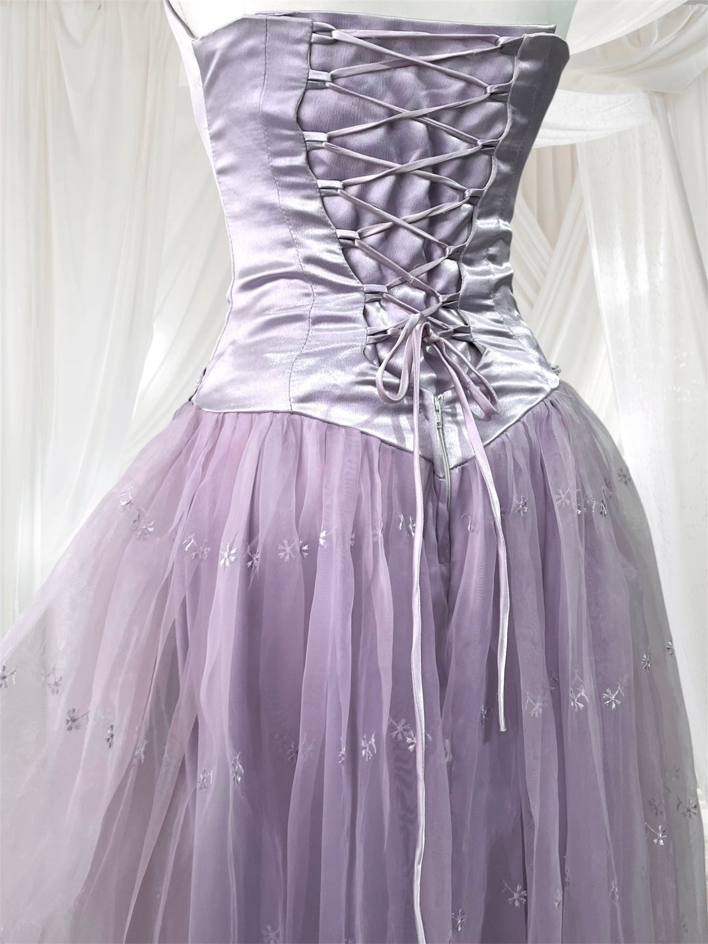Lavender corset dress with floral embroidery