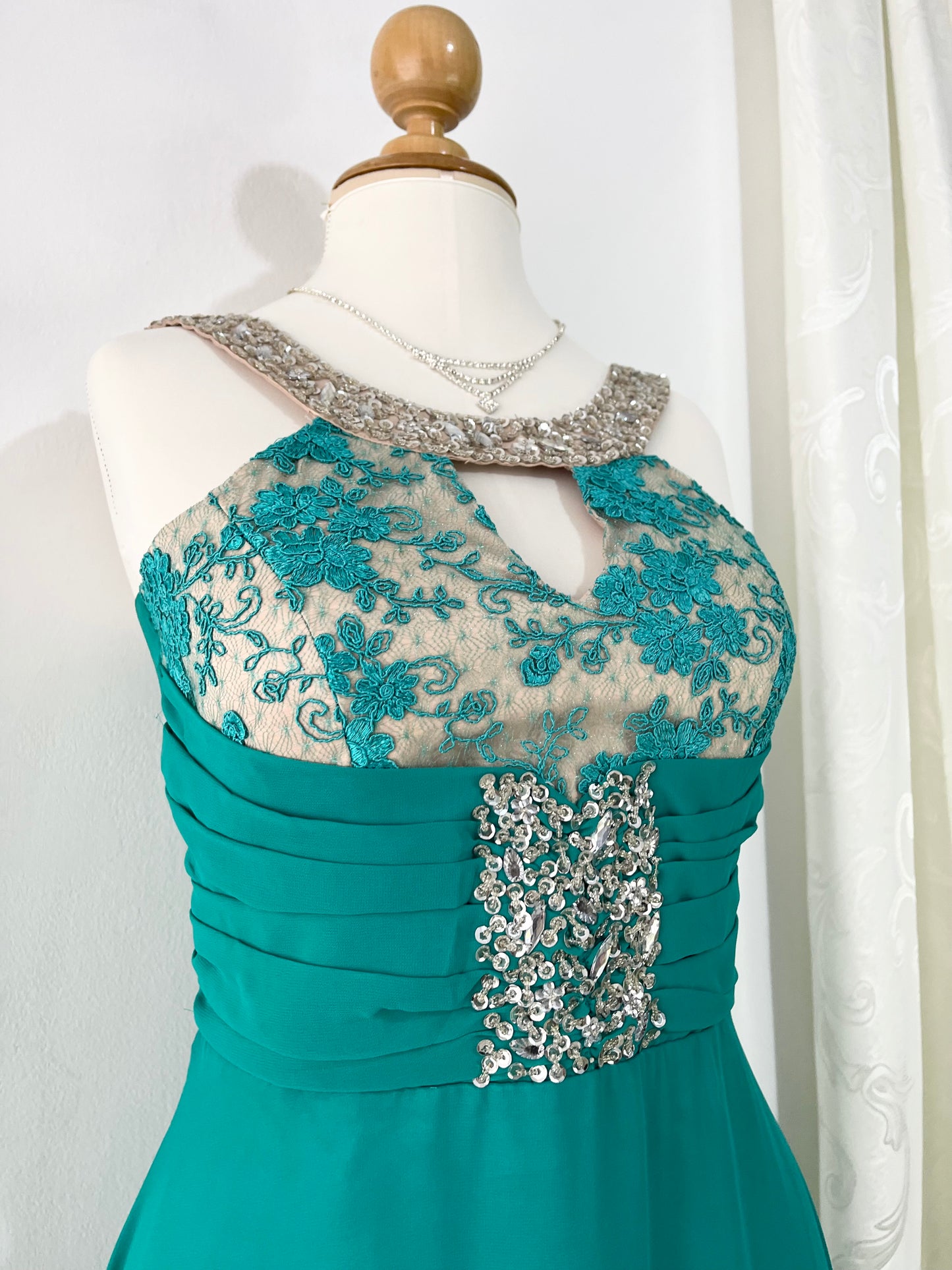 Emerald green gown corset gown with lace bodice and rhinestone details- size M
