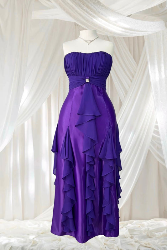 Vintage purple corset satin gown with gauze ruffles- size M