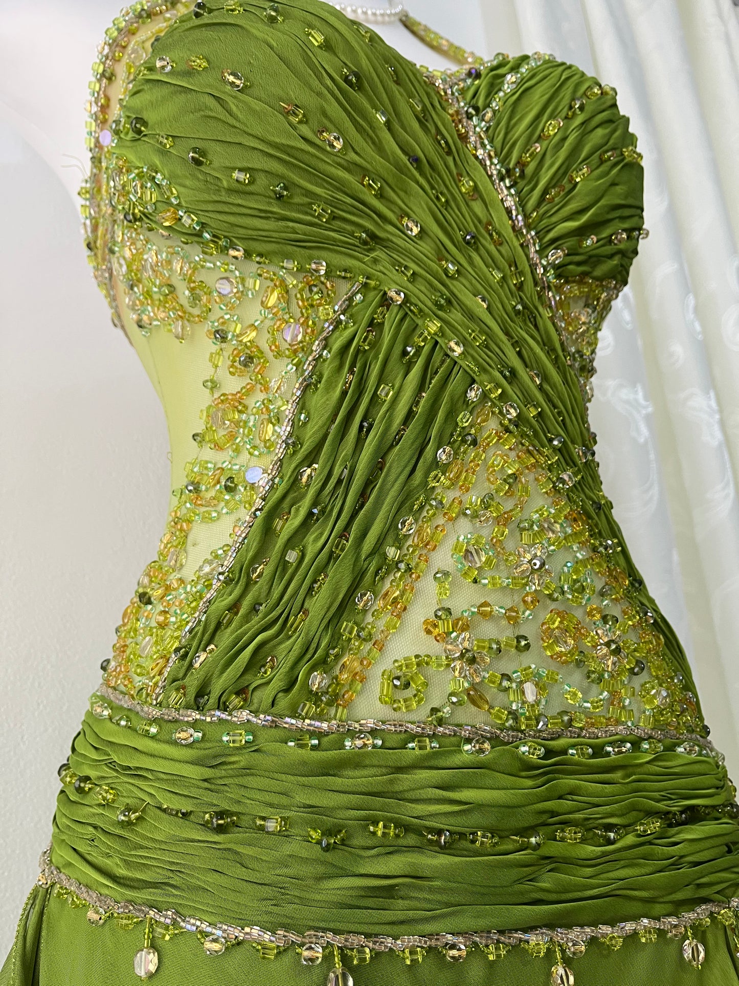 Dreamy fairy olive green dress with rhinestone and bead embroidery