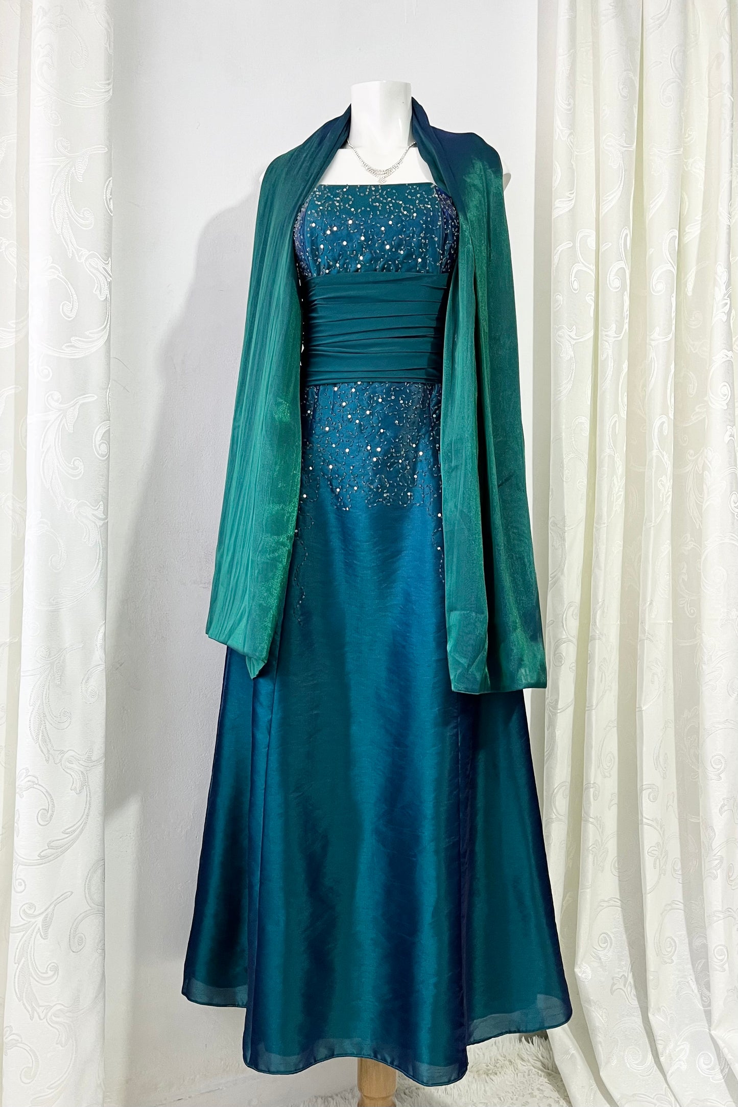 Iridescent teal corset dress with exquisite embellishments and hand-embroidered beads+ matching shawl