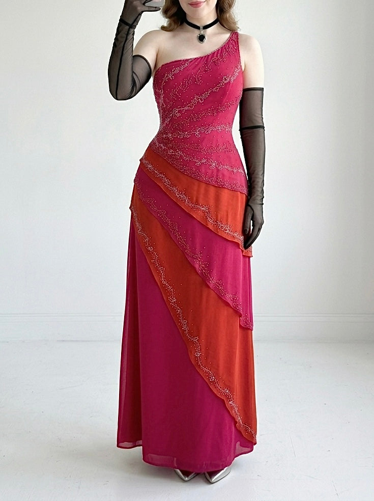 Asymmetrical raspberry and coral dress with exquisite handmade raised floral embroidery
