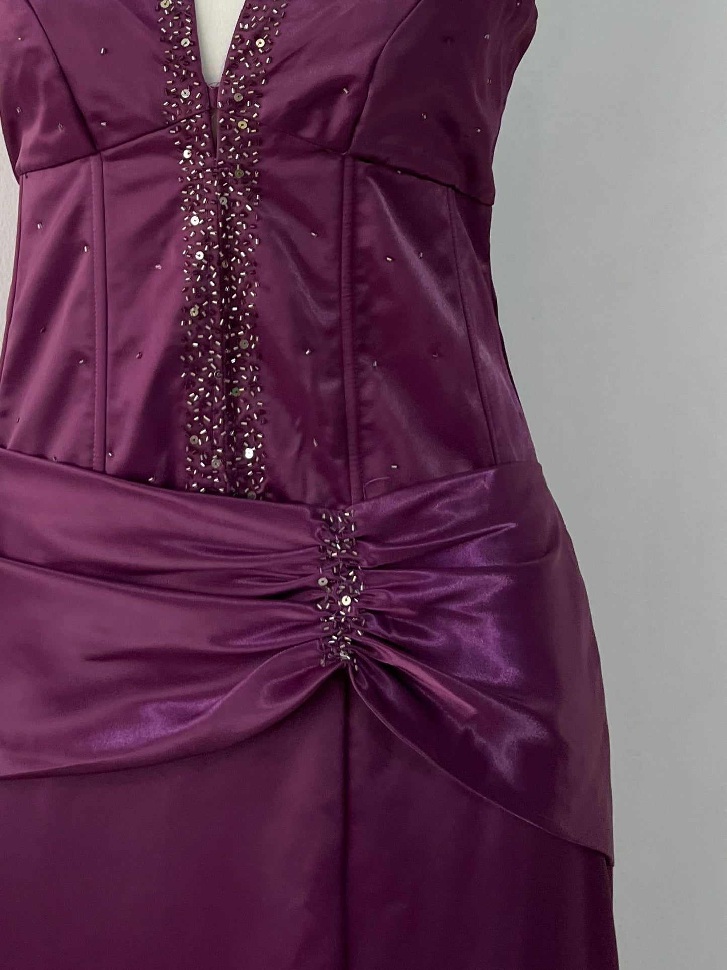 Purple satin corset dress with halter neckline and embroidered embellishments-size L