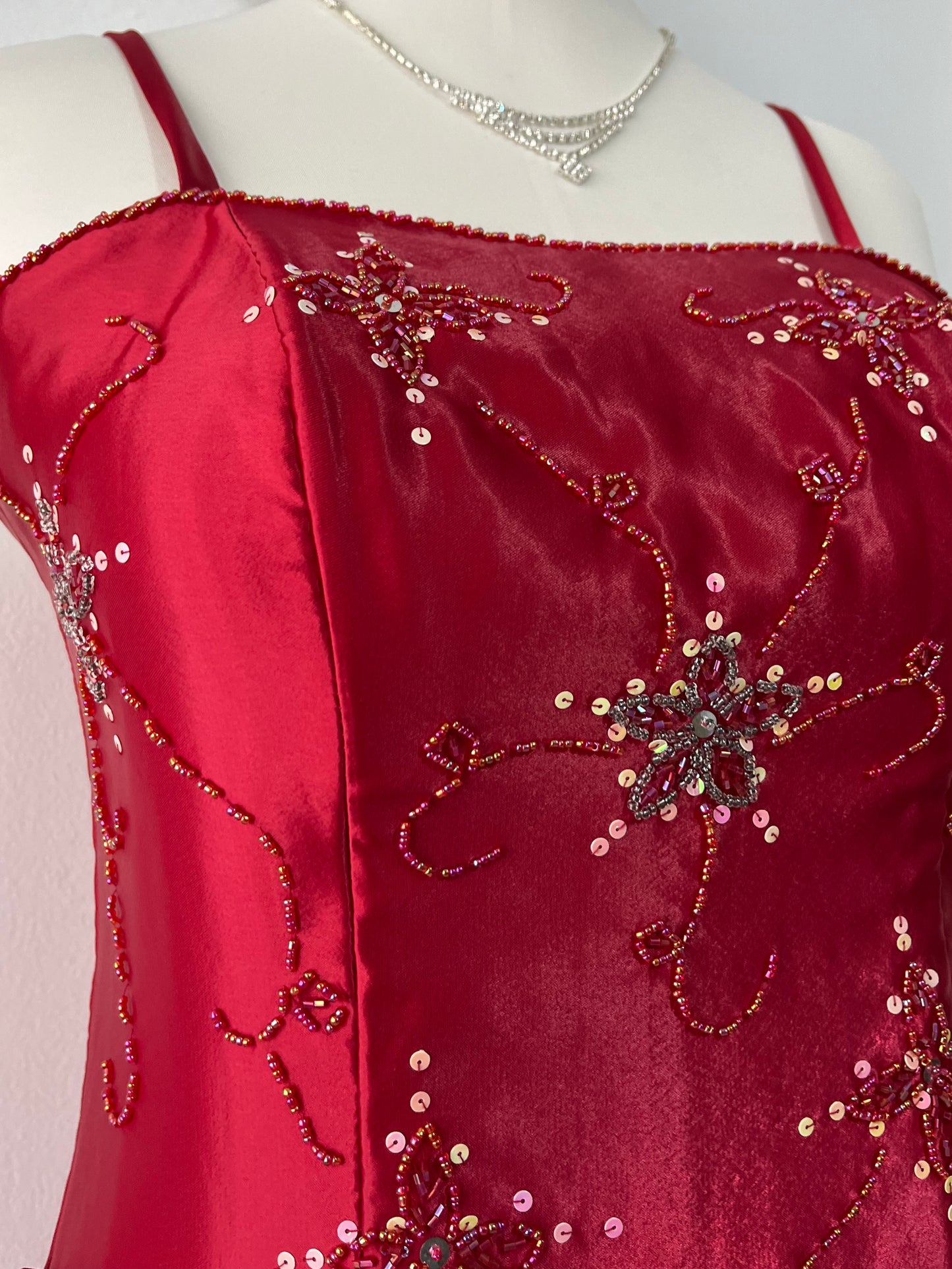Crimson red gown with corset and hand-embroidered embellishments- size M