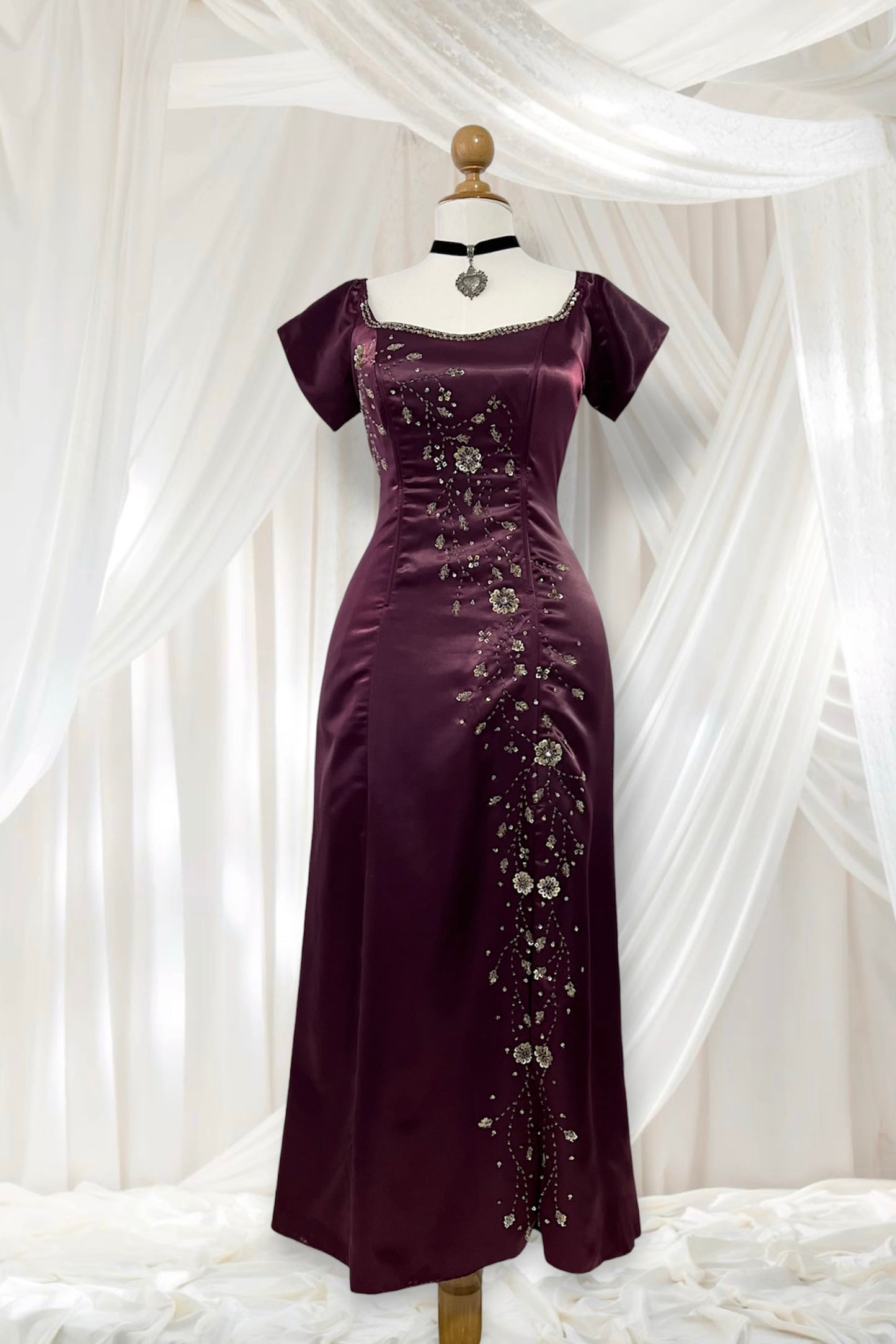 Wine purple satin corset dress with exquisite sequin and rhinestone embroidery- L/XL