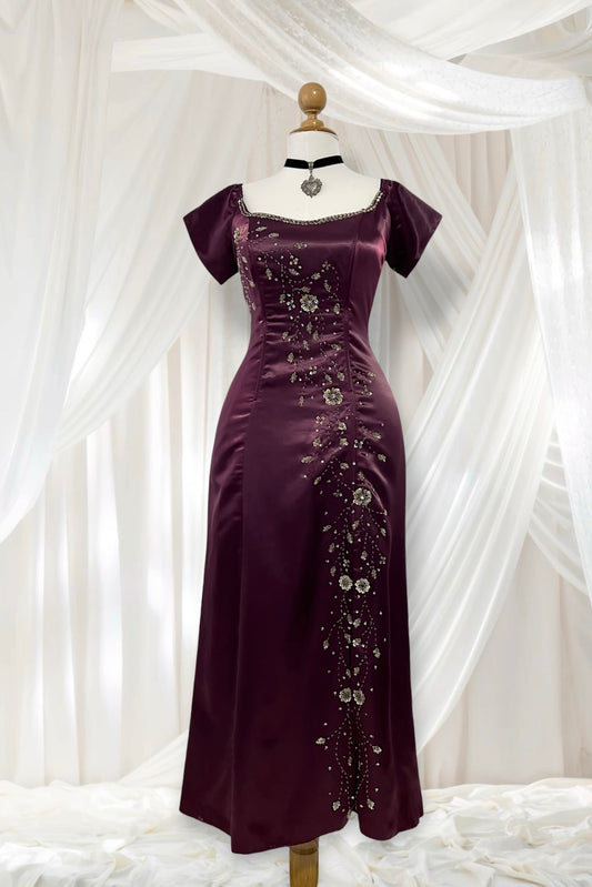 Wine purple satin corset dress with exquisite sequin and rhinestone embroidery- L/XL