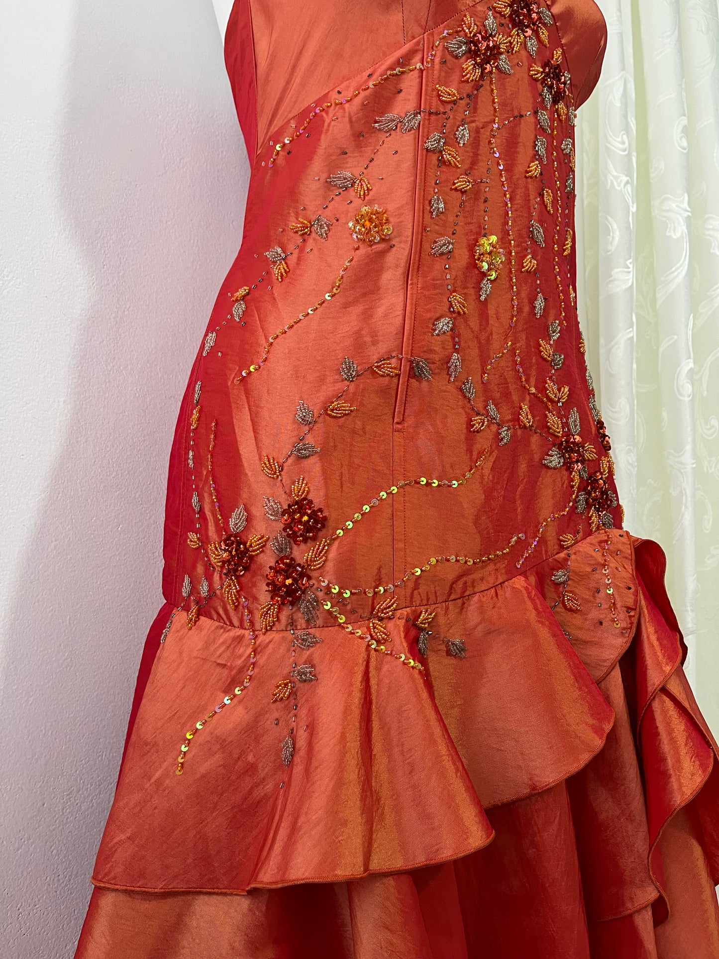 Amber taffeta corset dress decorated with exquisite hand-embroidered beads-size L