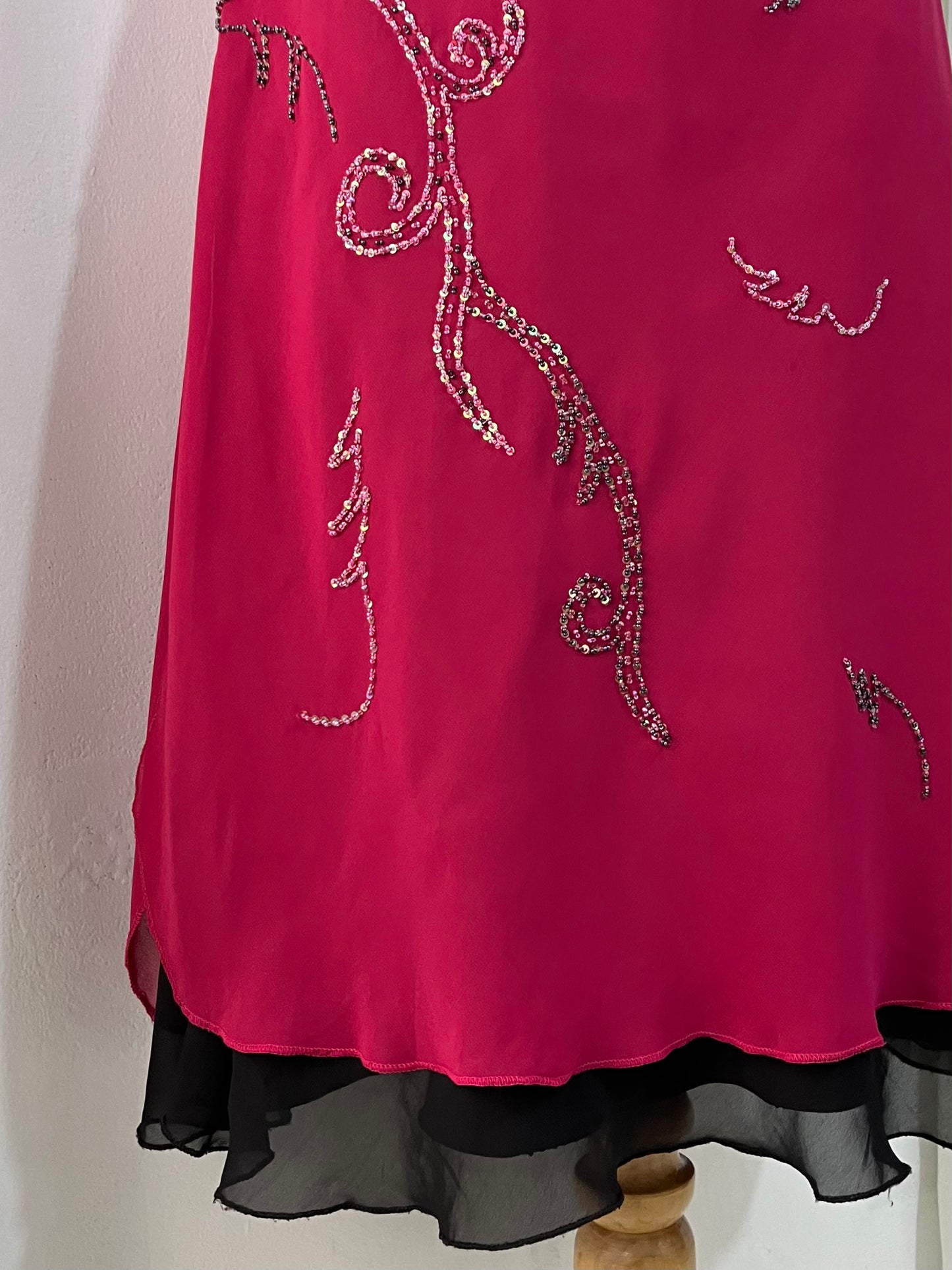 Fuchsia Midi Dress with Butterfly Sleeves and hand-embroidered rhinestone details- size XL