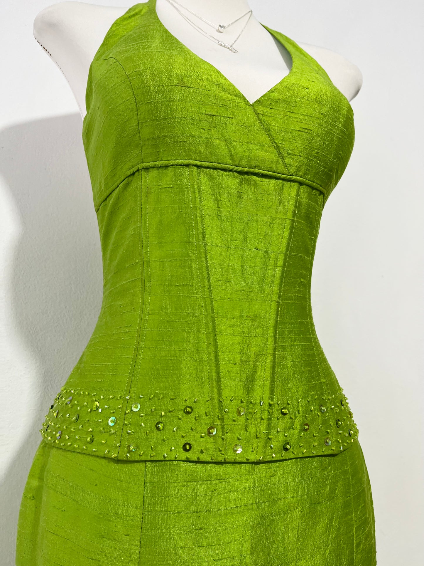 Silk shantung set, corset with bead embroidery and maxi skirt