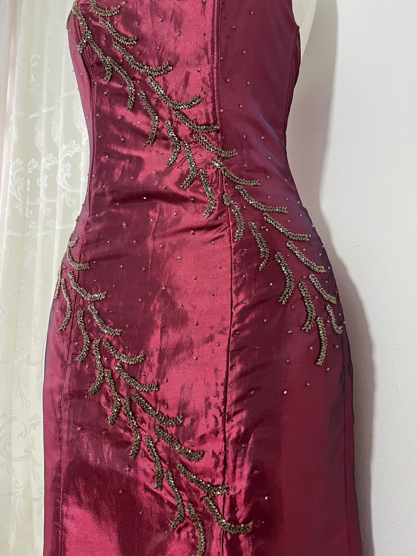 Iridescent burgundy corset dress with exquisite hand embroidery of sequins and rhinestones- size M