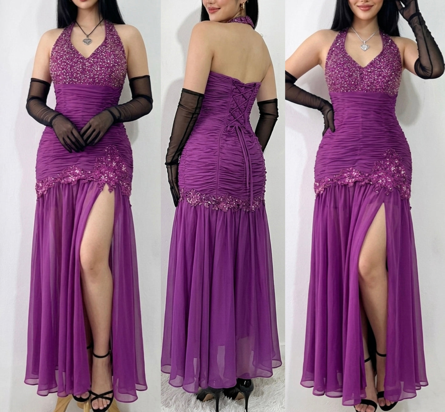 Purple corset dress with embroidered sequin and floral designs