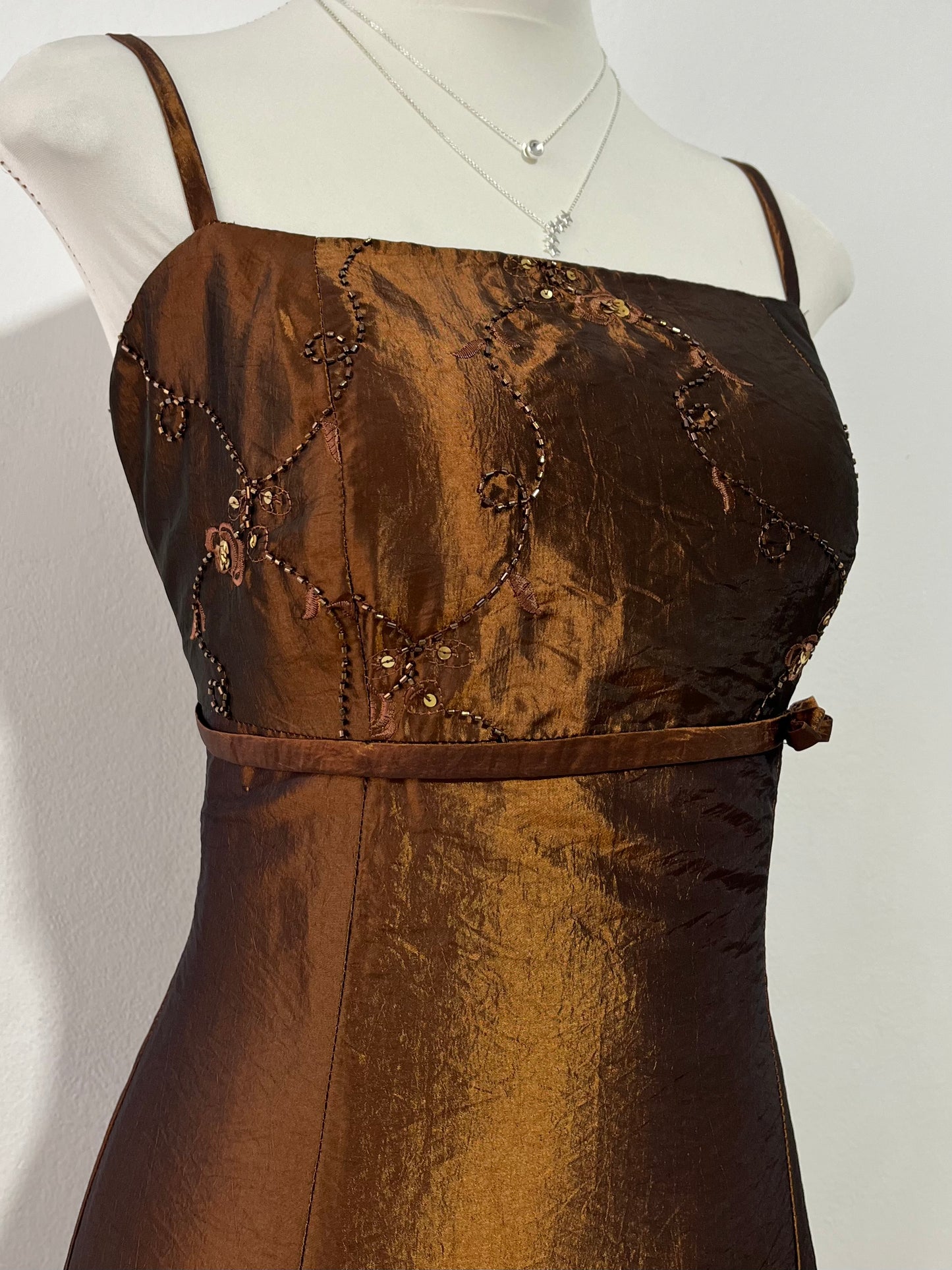 Vintage copper brown taffeta evening dress with bead embroidery, rhinestones and embellishments-size S/M