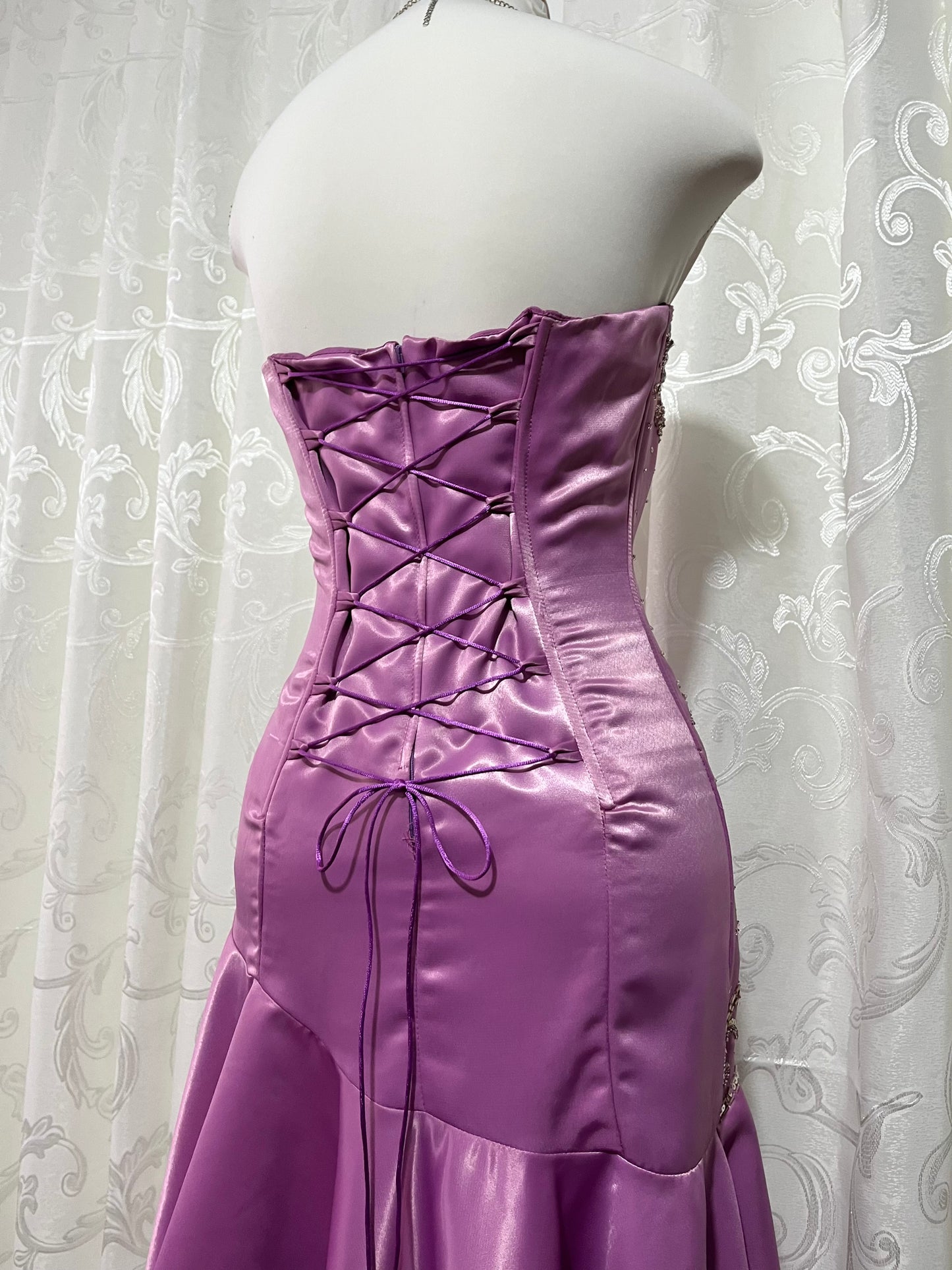 Asymmetrical midi corset dress in lilac pink satin with rhinestone and bead embroidery- size S