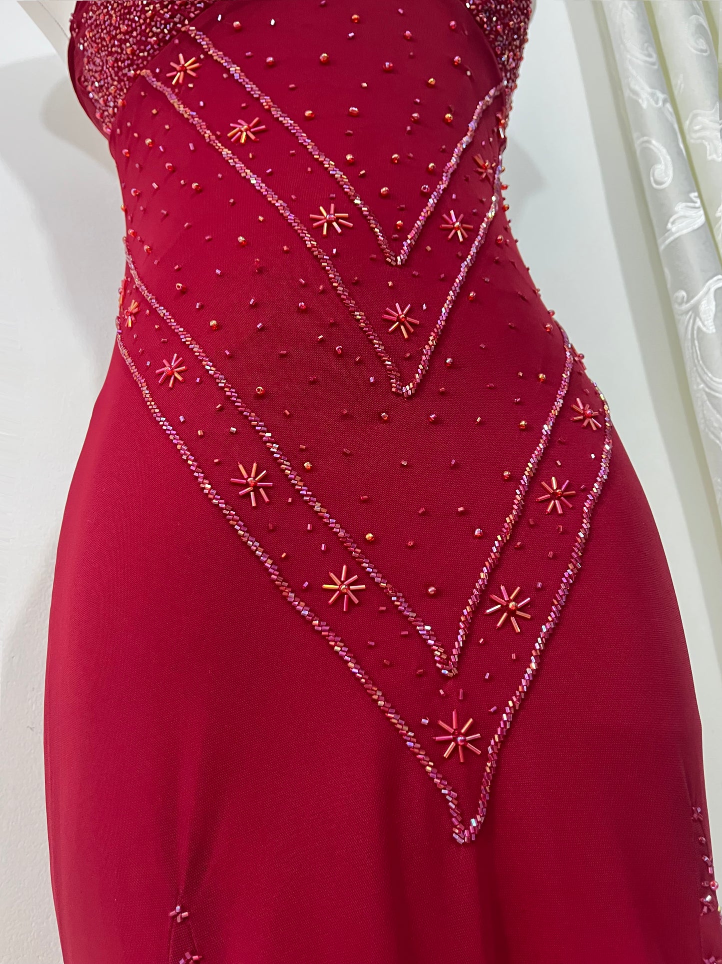 Red dress with rhinestone and fine sequin embroidery