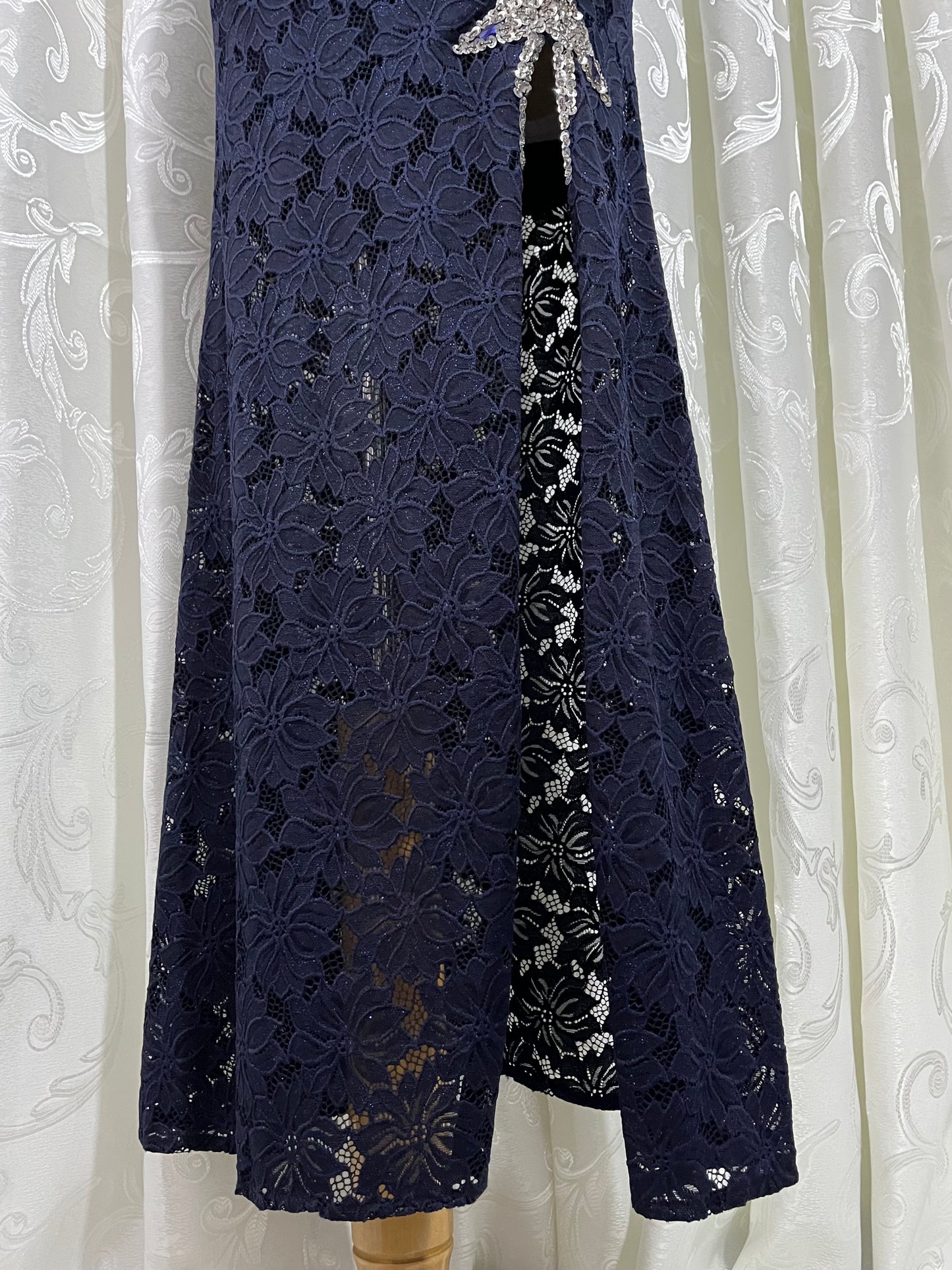 Dark blue corset lace dress with embroidered design