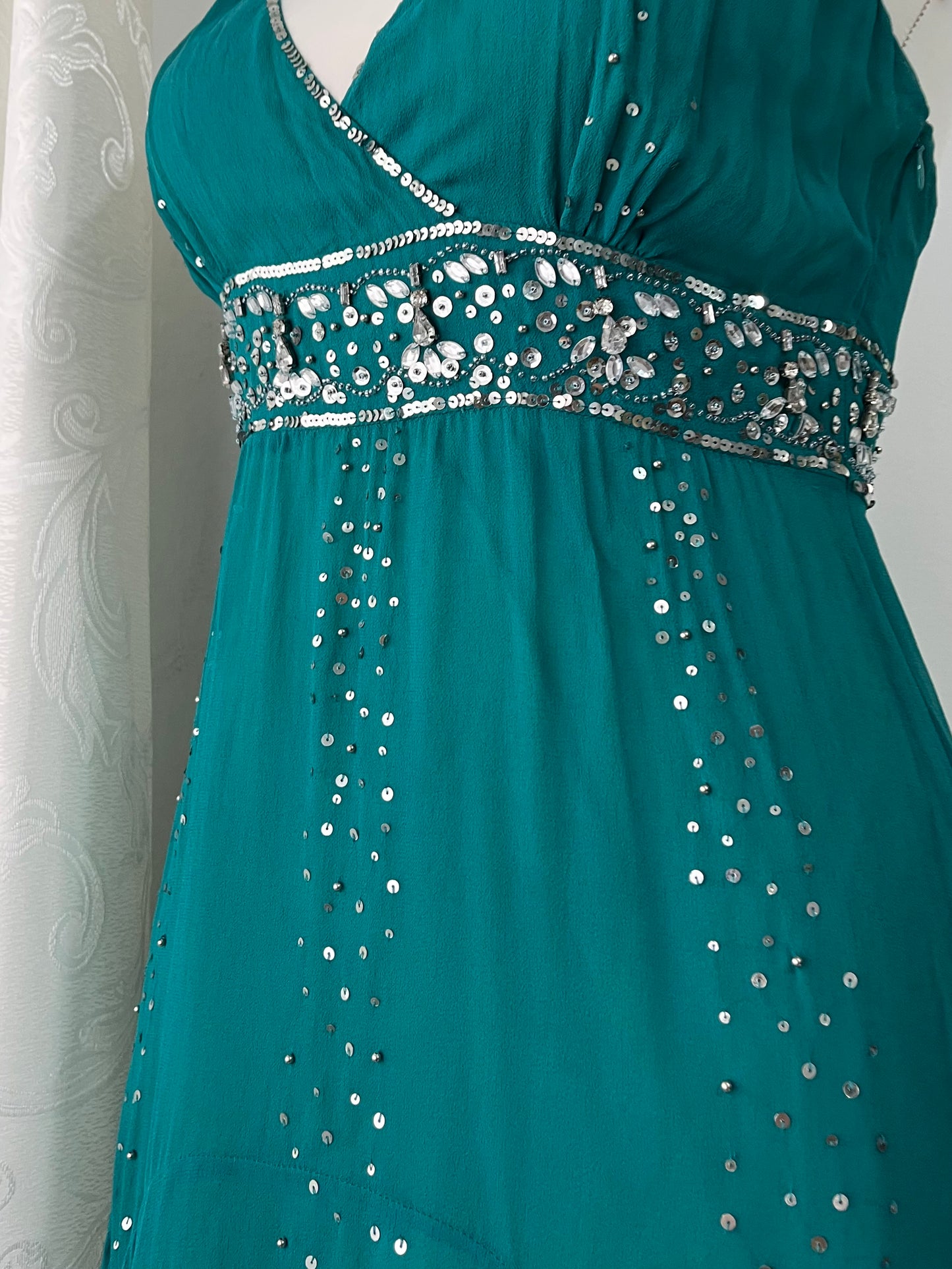 Teal silk dress with hand-embroidered sequins and rhinestones-one size: M