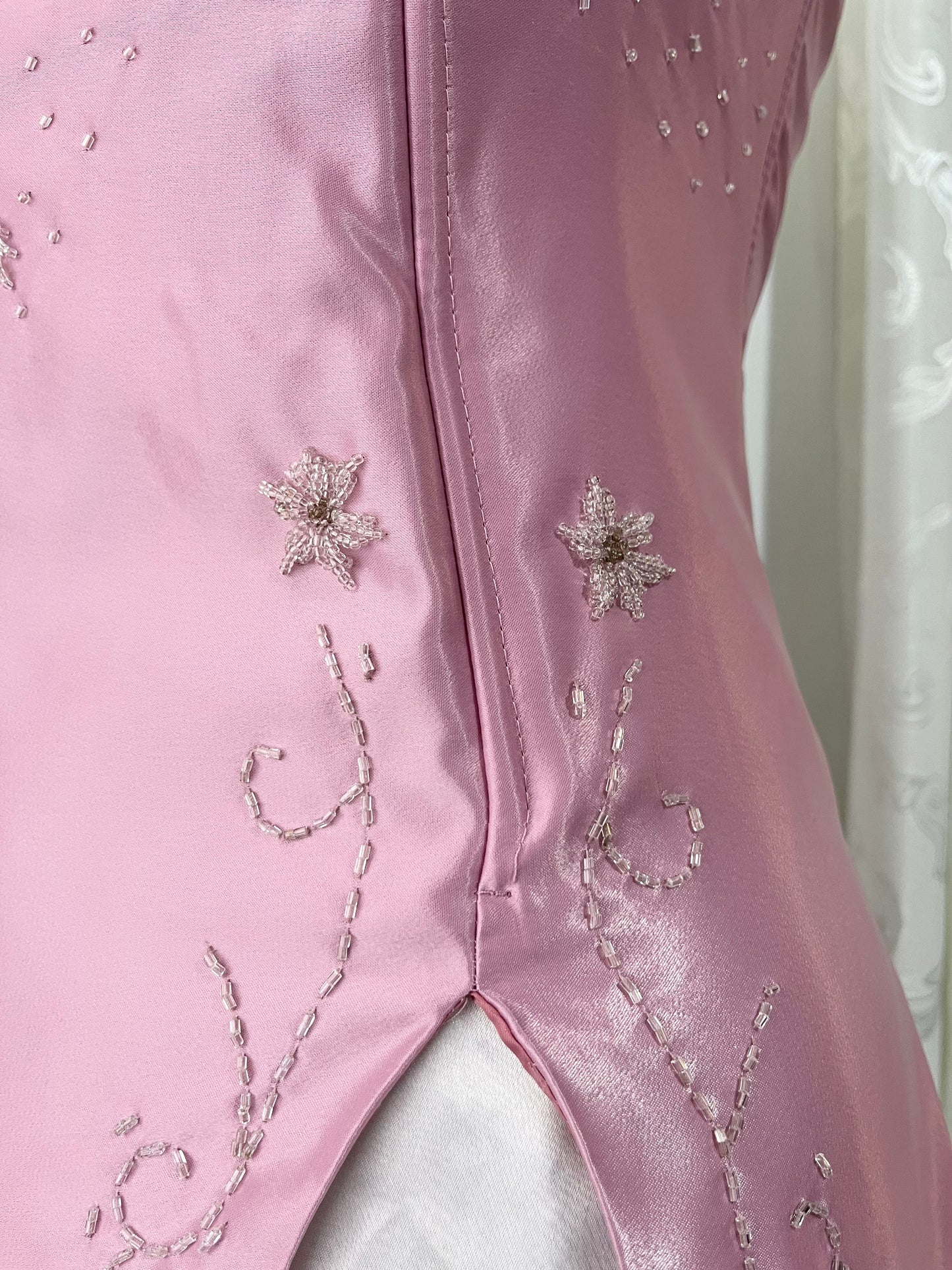Mauve pink corset gown with sequin designs and hand-embroidered embellishments-size M