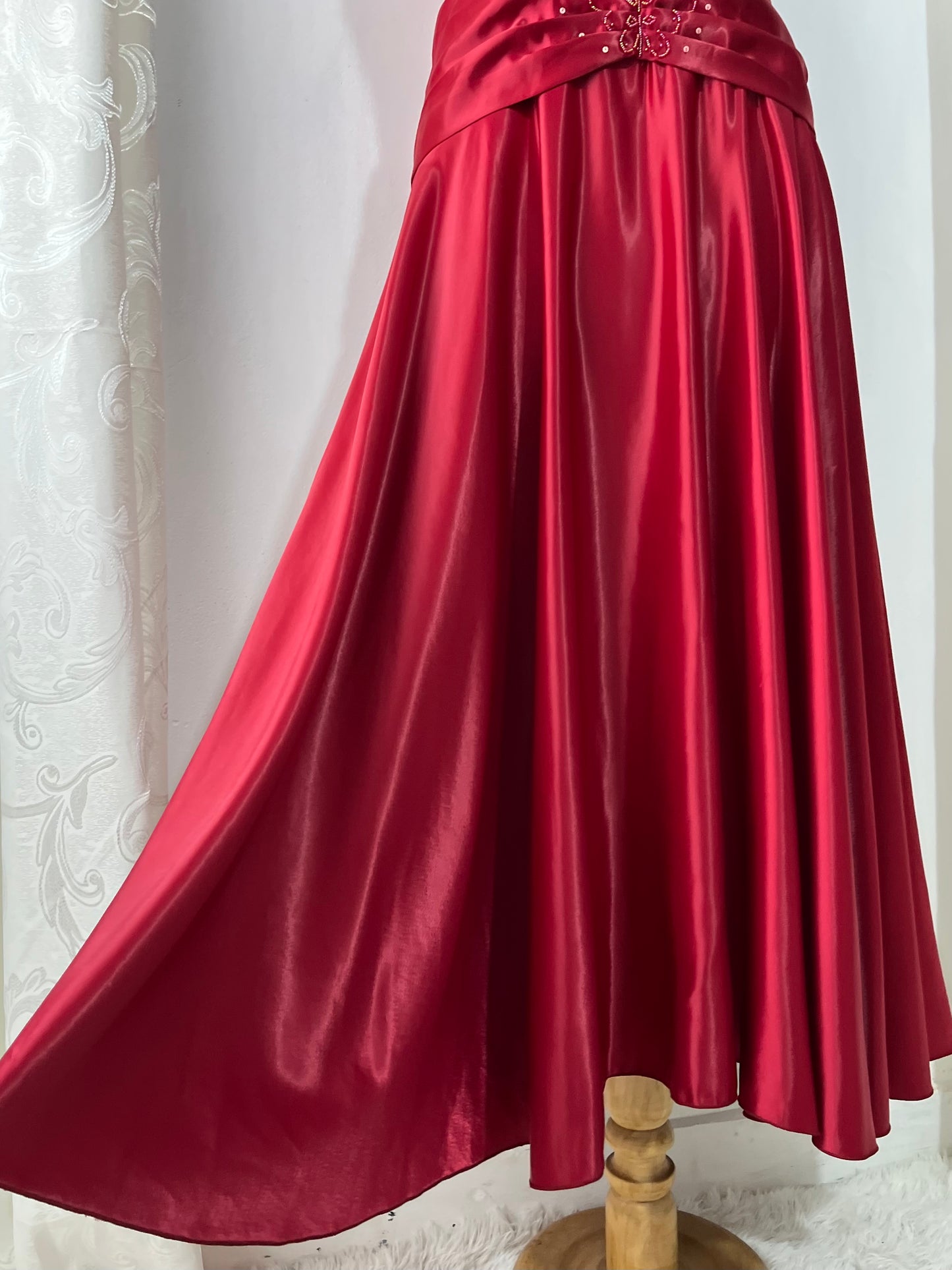 Crimson red gown with corset and hand-embroidered embellishments- size M